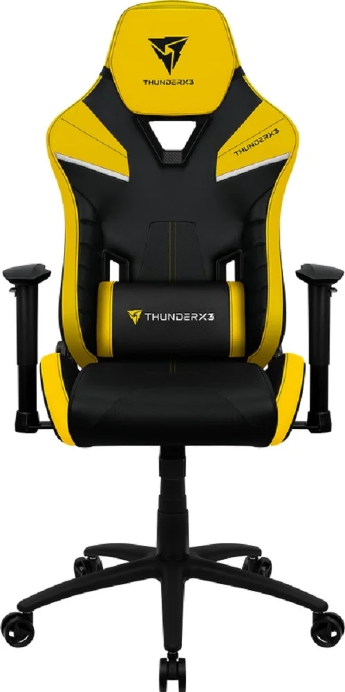 صندلی گیمینگ چرمی حرفه ای ThunderX3 TC5، تکیه گاه 180 درجه، تا 150 کیلوگرم، مکانیزم الاکلنگی 3 تا 18 درجه، چرخ های نایلونی 65 میلی متری، زرد خرمایی | AC-TC5-Bumblebee-Yellow