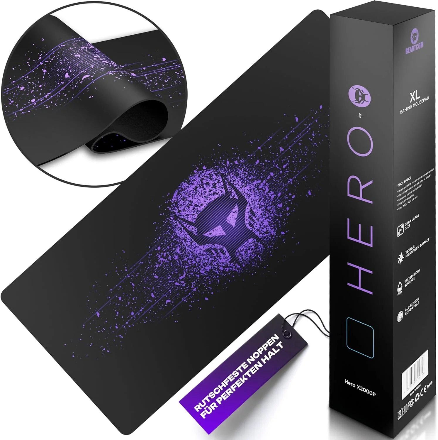 پد ماوس گیمینگ BEASTCOM Hero X2000P بنفش - پد ماوس XL (900x400 میلی متر) پایه لاستیکی ضد لغزش، سر خوردن آسان، مواد سازگار با محیط زیست، لبه های بدون درز - زیرانداز رومیزی