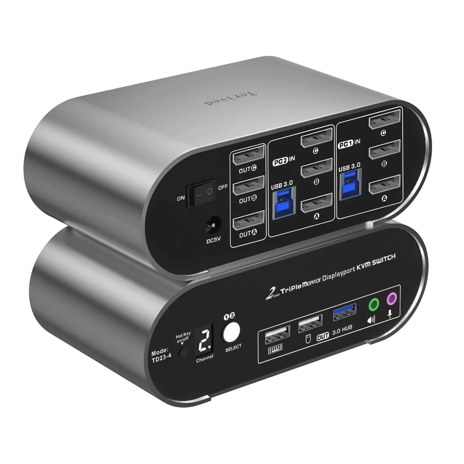 سوئیچ KVM سه مانیتوره DP 1.4 با رزولوشن 2K240Hz و 4K120Hz، دارای میکروفون صوتی و کلیدهای میانبر به همراه کابل