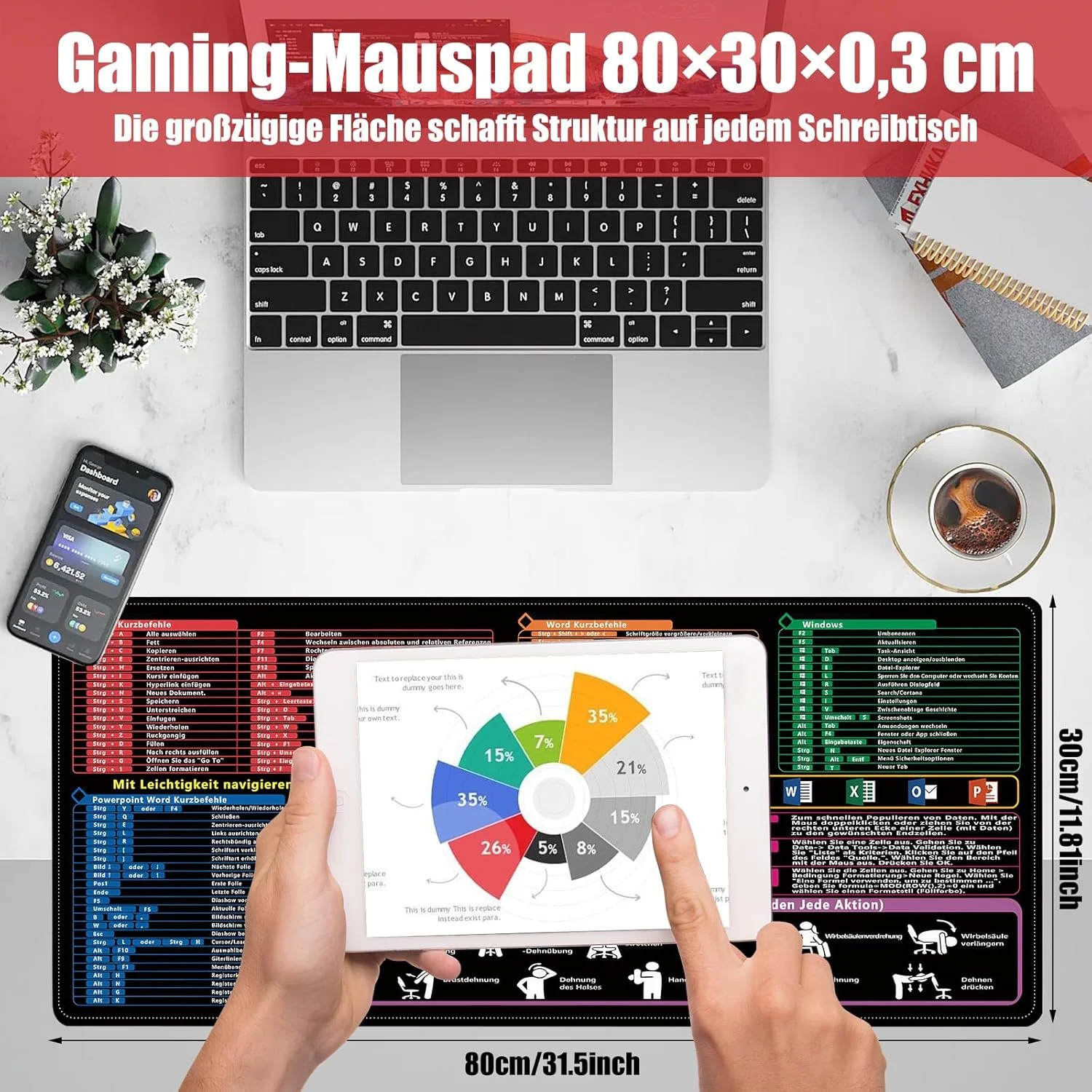 پد ماوس اکسل آلمانی 80×30×0.3 سانتی متر، زیرانداز بزرگ میز XL با کلیدهای میانبر اکسل، ورد، پاورپوینت و ویندوز، پد ماوس گیمینگ ضد لغزش بزرگ برای دفتر و خانه