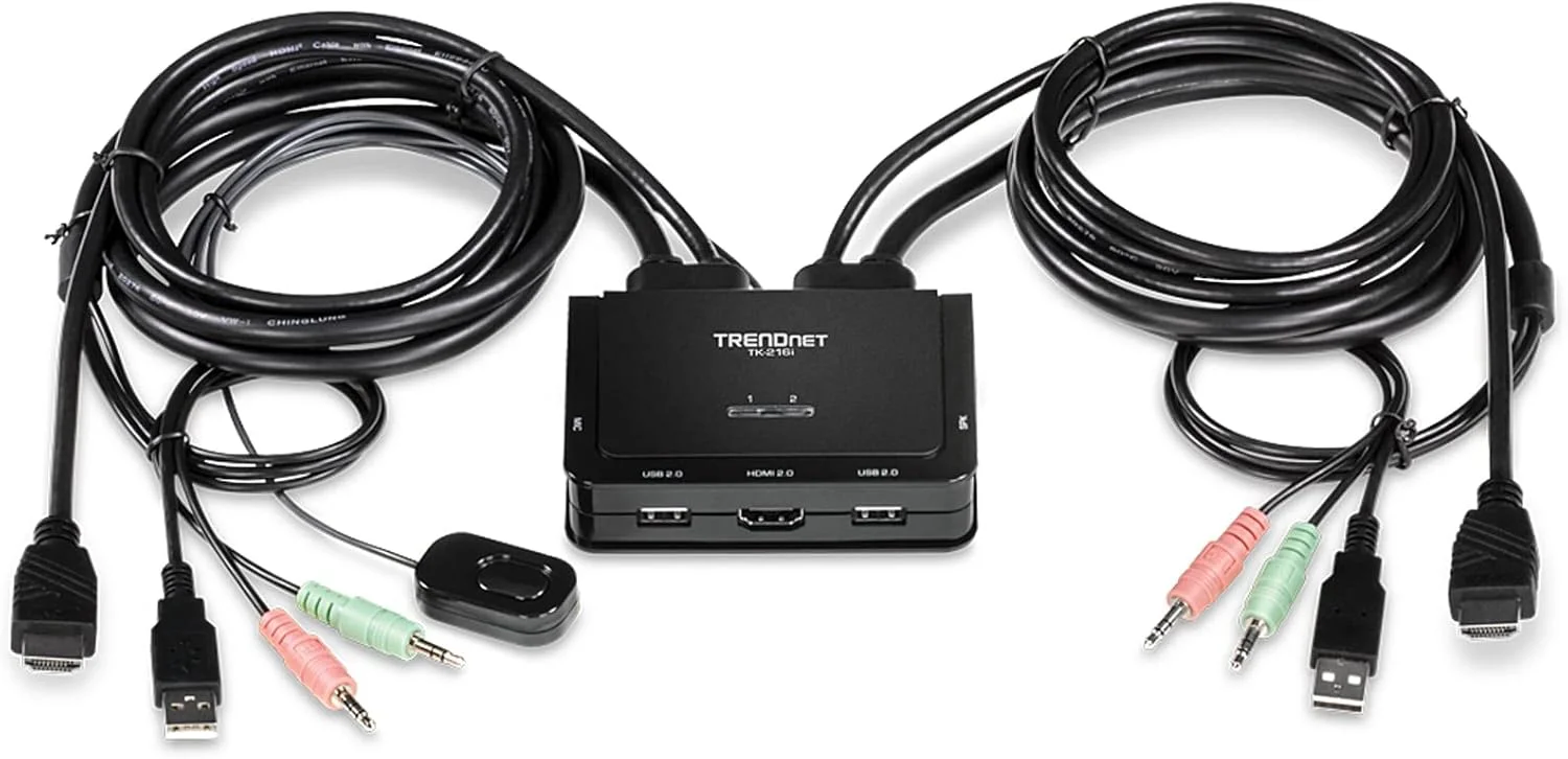 سوئیچ KVM دو پورت 4K HDMI ترندنت مدل TK-216i با صدا، 4K UHD (3840 x 2160@60Hz، بلندگو/میکروفون 3.5 میلی‌متری، سوئیچ USB برای 2 کامپیوتر، USB 2.0، HDMI 2.0، پشتیبانی از صدای HDMI 5.1، سوئیچ اشتراک‌گذاری USB مانیتور