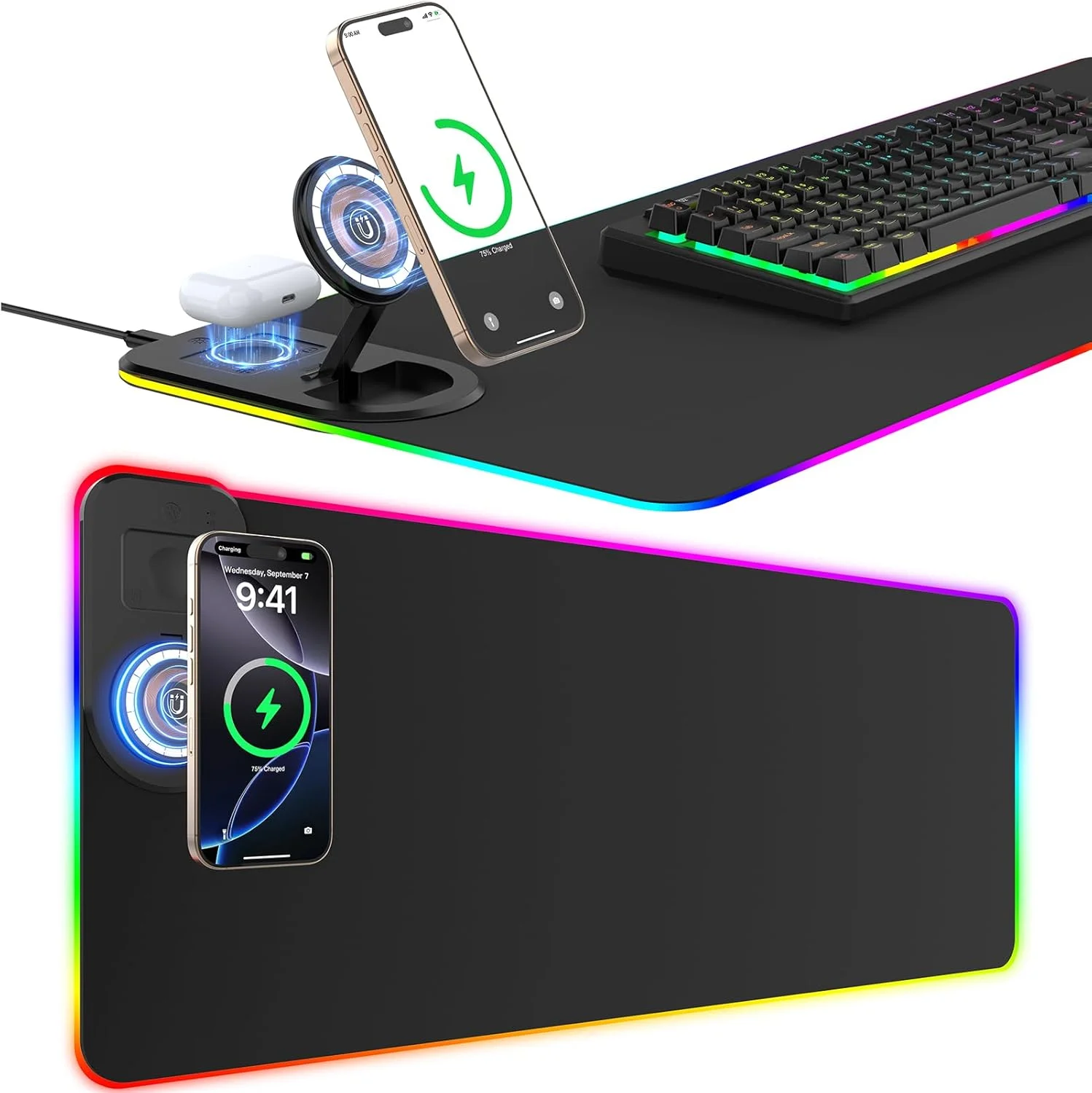 ماوس پد گیمینگ RGB با شارژر بی‌سیم Qi 15 واتی، ابعاد 800x300x4 میلی‌متر، دارای 10 حالت نورپردازی و شارژ سریع 10 واتی Qi برای گوشی‌های موبایل، هدفون، ضد آب و ضد لغزش (پایه مشکی)