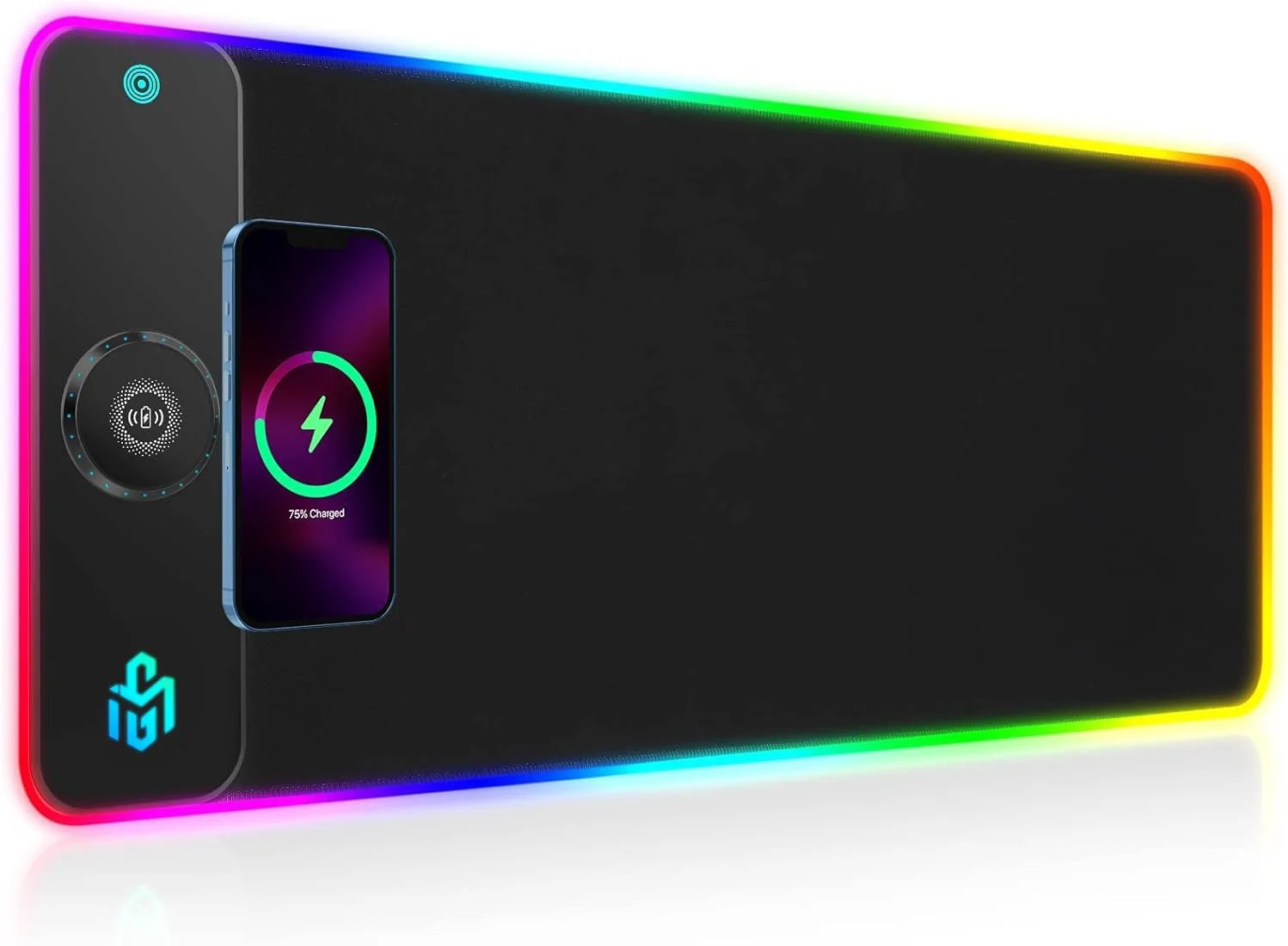 پد ماوس گیمینگ RGB با شارژر بی‌سیم Qi 15 واتی LED، دارای 10 حالت نورپردازی با شارژ سریع 15 واتی Qi برای تلفن همراه، هدفون، ضد آب، ضد لغزش برای بازی، میز کار، کامپیوتر و دفتر