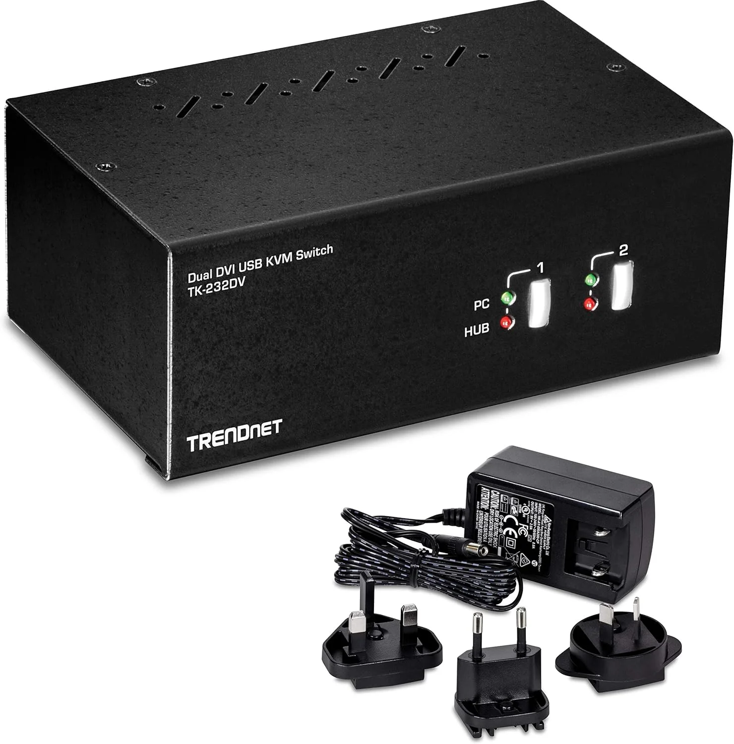 سوئیچ KVM دو مانیتوره DVI دو پورت TRENDnet با صدا، هاب USB 2.0 دو پورت، رزولوشن دیجیتال تا 1920 x 1200، رزولوشن آنالوگ تا 2048 x 1536، مدل TK-232DV