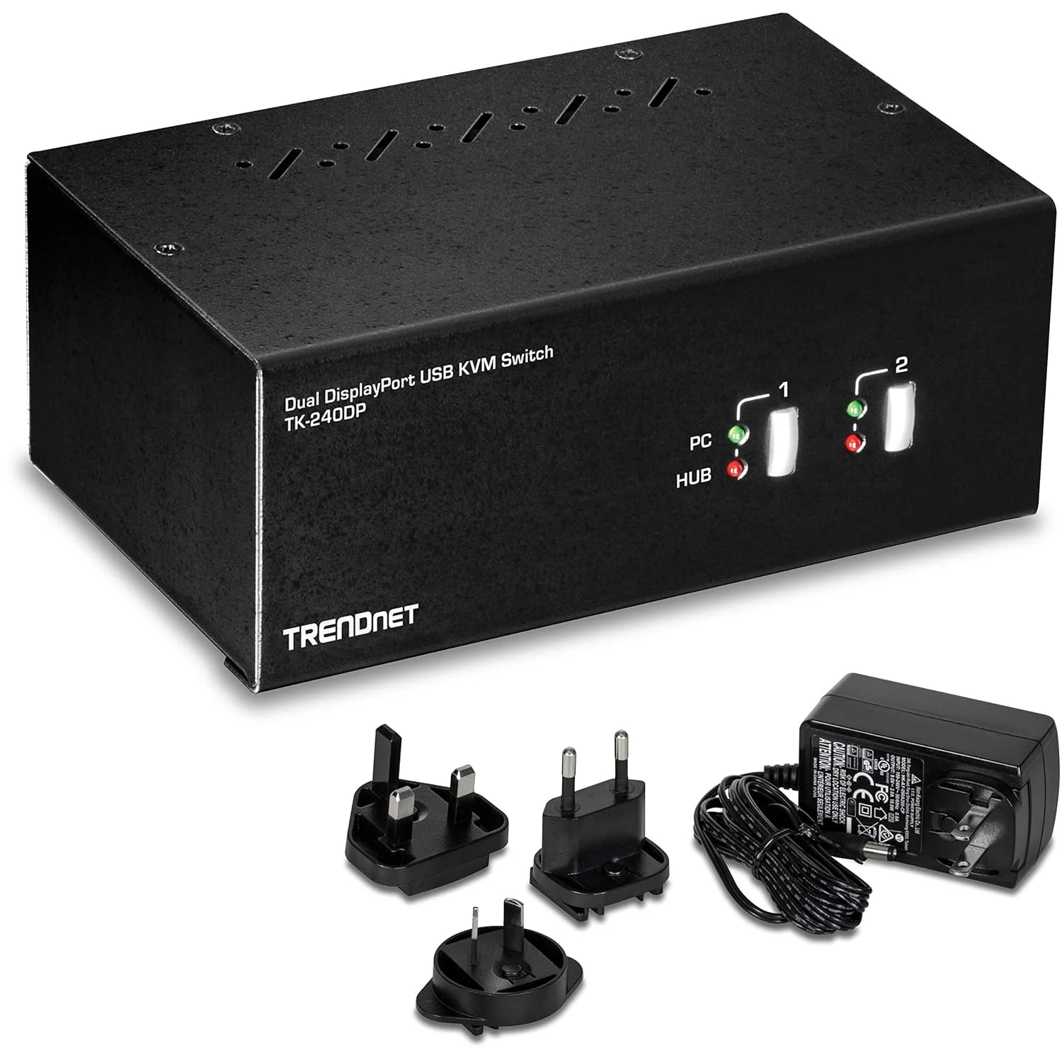 سوئیچ KVM دو مانیتوره DisplayPort ترندنت با دو پورت، هاب USB 2.0 دو پورت، رزولوشن 4K UHD تا 3840 x 2160، اتصال دو مانیتور DisplayPort، سوئیچ KVM دو مانیتوره، مشکی، TK-240DP