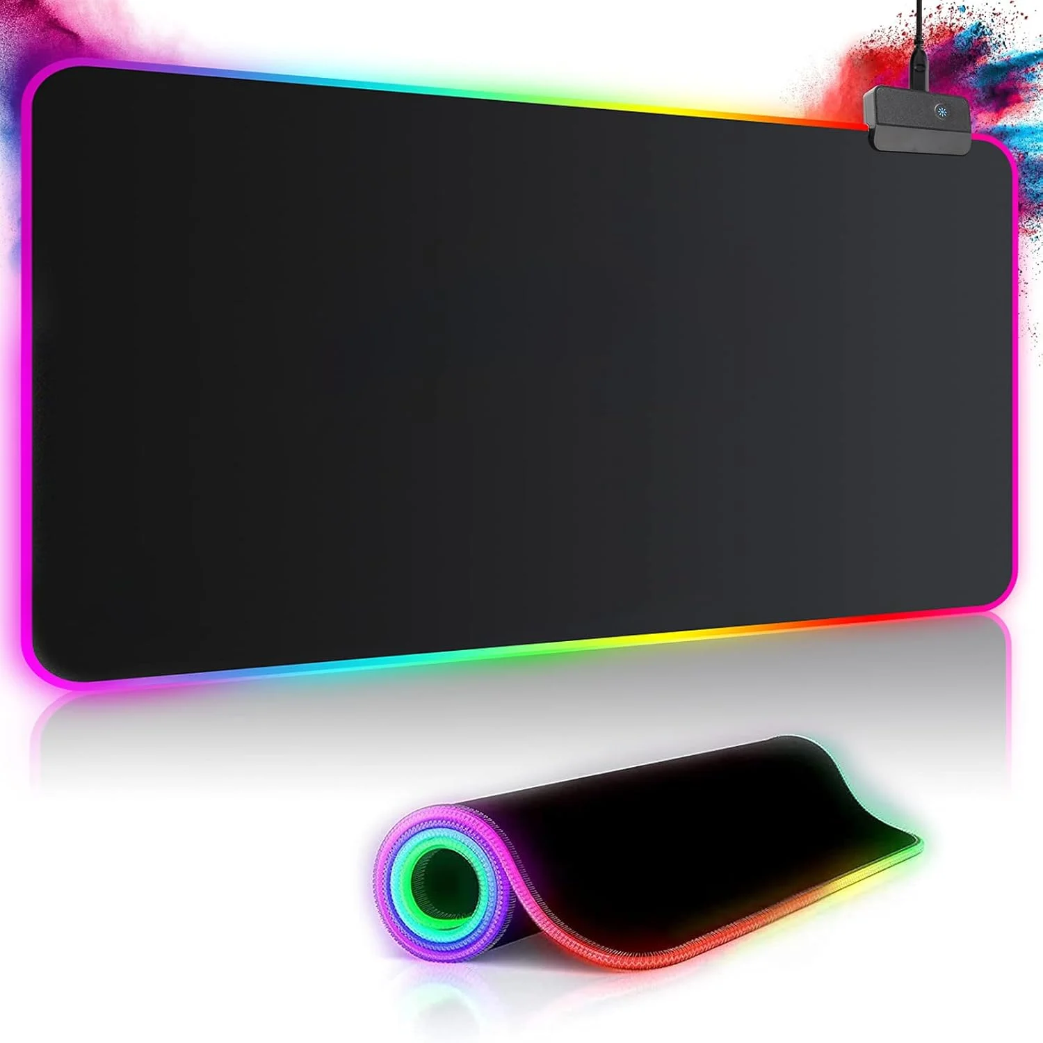 ماوس پد گیمینگ RGB، سایز بزرگ 800x300 میلی متر، دارای 14 حالت نورپردازی و 7 رنگ LED، ضد آب و ضد لغزش، مناسب برای کامپیوتر و گیمرهای حرفه ای، مشکی