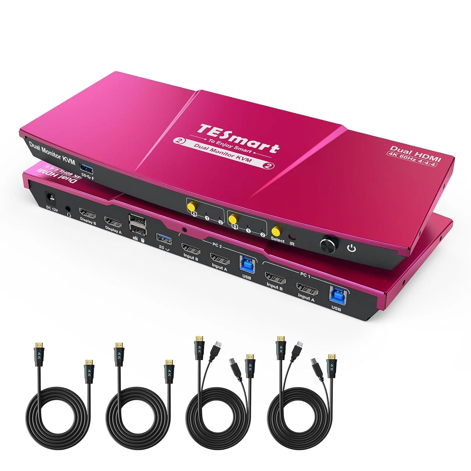 سوییچ KVM دو مانیتوره USB 3.0 HDMI تس‌مارت، 2 مانیتور، 2 کامپیوتر، 4K@60Hz، سوییچ KVM دو پورت HDMI با نمایشگر توسعه یافته، صدا و میکروفون، شبیه‌سازهای EDID، سوییچ کلید میانبر، سوییچ دکمه‌ای با کابل‌های ورودی