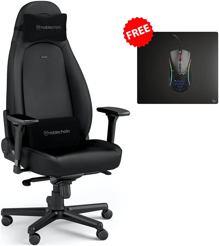 صندلی گیمینگ نوبل چیرز مدل آیکون بلک ادیشن به همراه ماوس و ماوس پد گیمینگ سیمی گلوریوس، دسته های 4D، عملکرد شیب، بالابر گازی هیدرولیک، حداکثر تحمل وزن 150 کیلوگرم، پایه آلومینیومی، مشکی | NBL-ICN-PU-BED