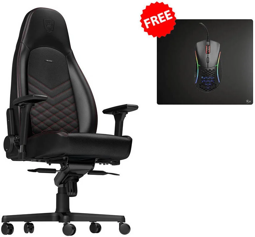 صندلی گیمینگ نوبل چیرز آیکون به همراه ماوس گیمینگ سیمی گلوریوس و ماوس پد رایگان، دارای زیردستی های 4D، عملکرد شیب، فوم سرد مقاوم در برابر تغییر شکل، بالابر گازی کلاس 4، حداکثر تحمل وزن 150 کیلوگرم، مشکی | 676946