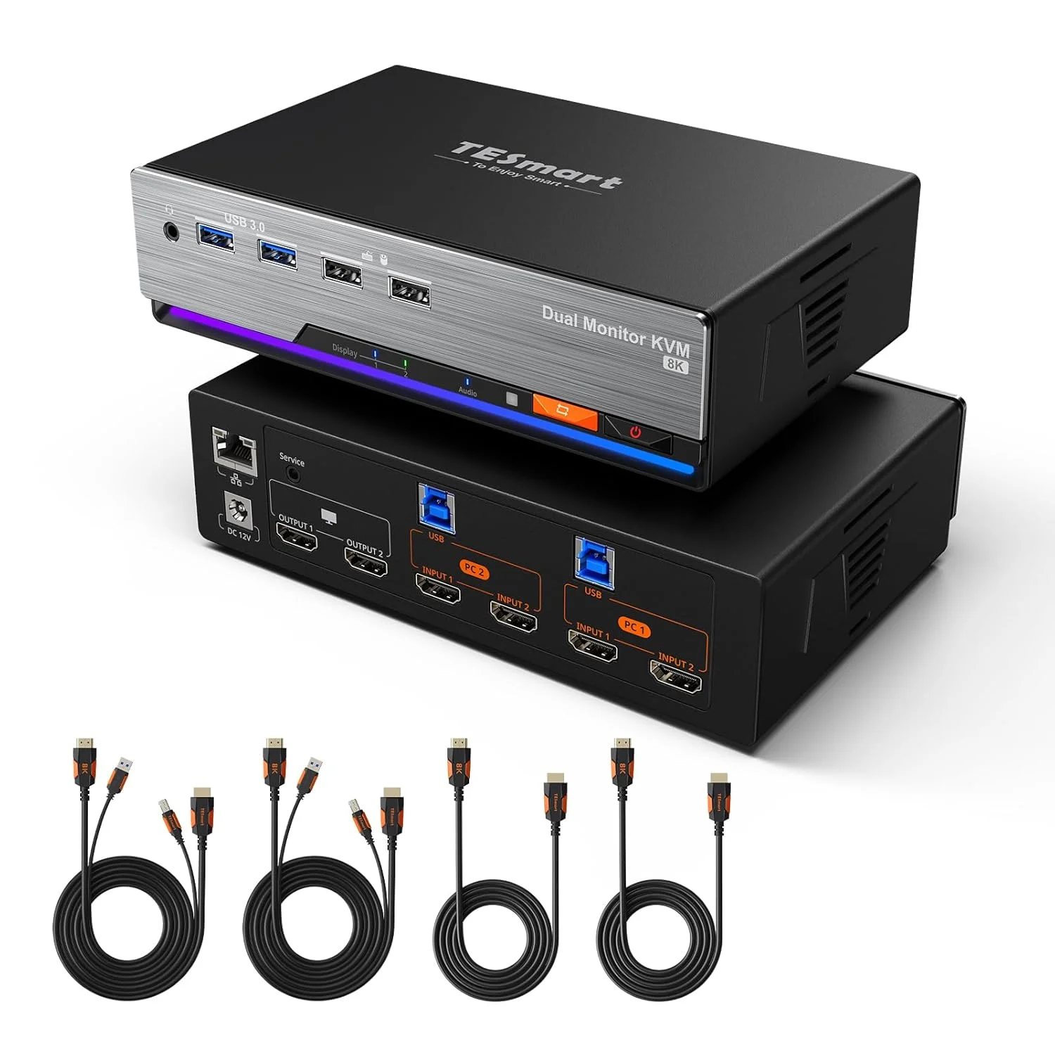 سوییچ KVM دو مانیتوره HDMI تس‌مارت 8K@60Hz برای 2 کامپیوتر با USB 3.0، سوییچ KVM دو مانیتوره HDMI 4K@144Hz برای داک بازی، پشتیبانی از EDID، شبکه گیگابیتی، سوییچ با کلیدهای میانبر، صدا و میکروفون به همراه تمام کابل‌های ورودی