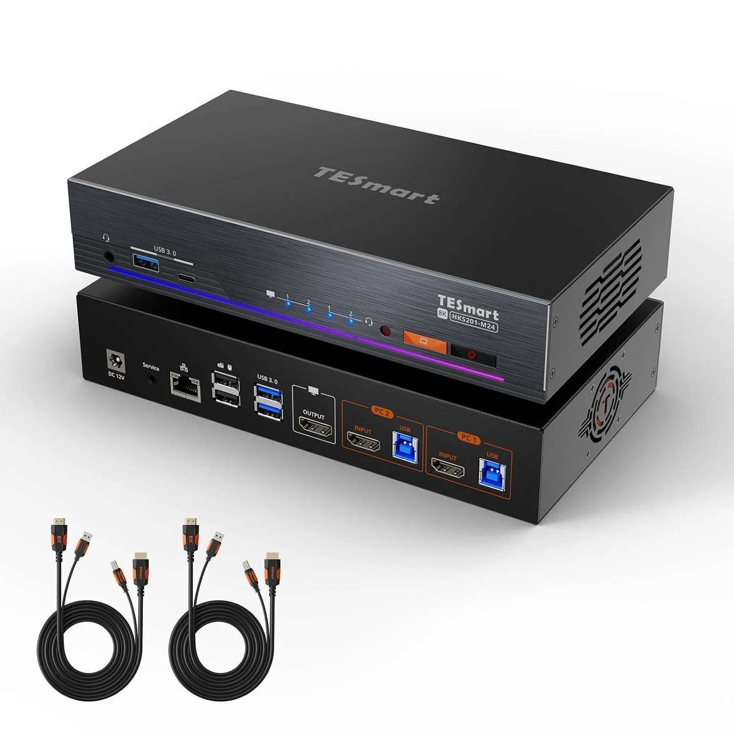 سوئیچ KVM HDMI تس‌مارت 8K@60Hz، دو کامپیوتر یک مانیتور، سوئیچ KVM HDMI USB 3.0 دو پورت 4K@144Hz، پشتیبانی از EDID، شبکه گیگابیتی، سوئیچ کلیدهای میانبر، صدا و میکروفون به همراه تمام کابل های ورودی