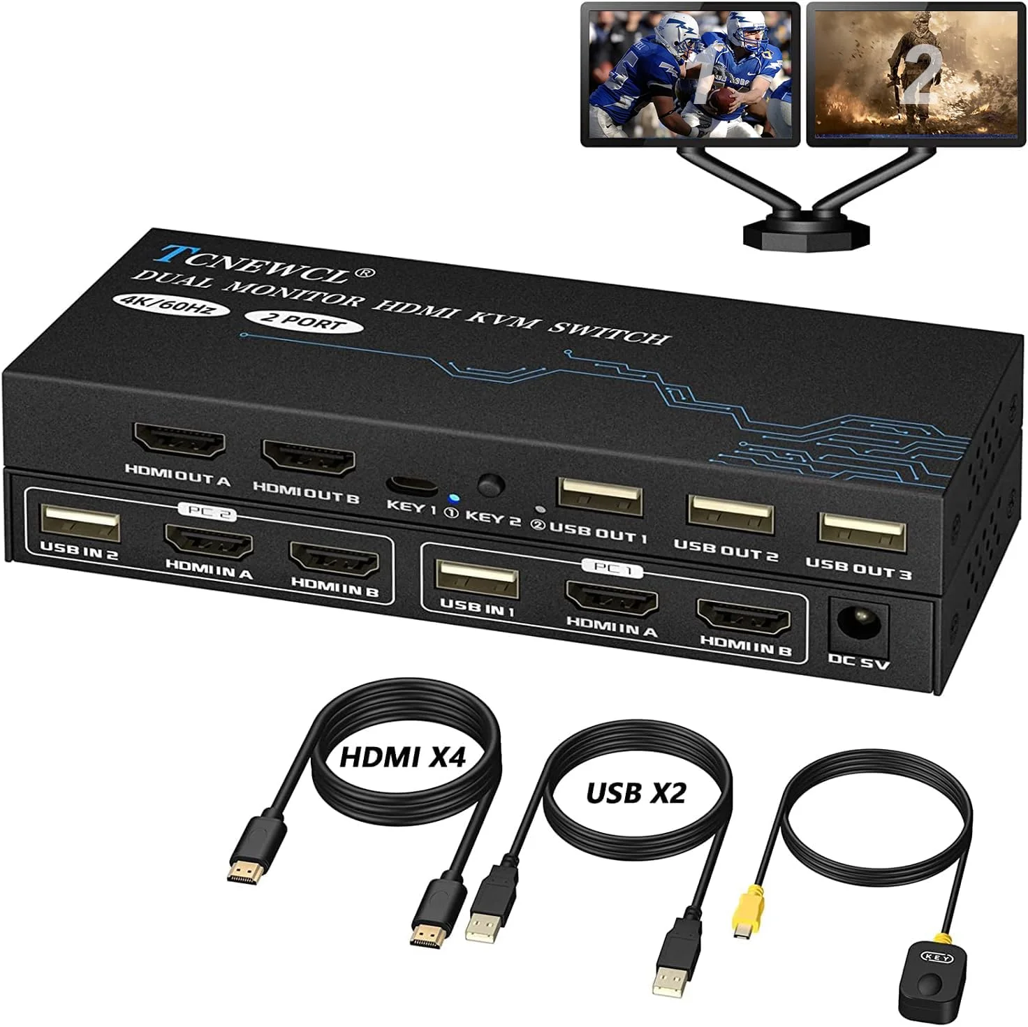 سوئیچ KVM دو مانیتوره TCNEWCL، دو کامپیوتر، 4K@60Hz، سوئیچ KVM دو مانیتوره برای 2 کامپیوتر، اشتراک 2 مانیتور، هاب 3 پورت USB 2.0، پشتیبانی از حالت توسعه یافته/کپی با 4 کابل HDMI + 2 کابل USB و کنترلر رومیزی