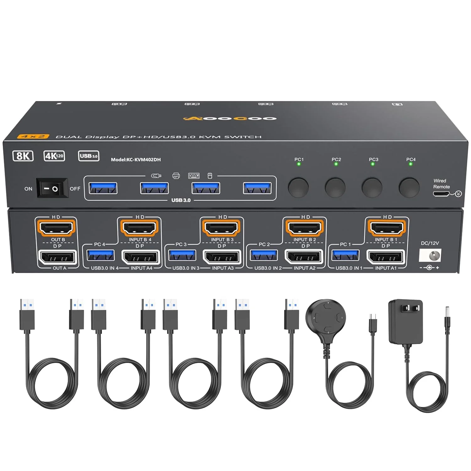 سوئیچ KVM با HDMI و DP برای 4 کامپیوتر و 2 مانیتور، 8K@60Hz/4K@144Hz سوئیچ KVM دو مانیتوره 4 پورت برای 4 کامپیوتر به اشتراک گذاری 2 مانیتور، با 4 پورت USB3.0، کابل های USB و آداپتور برق (KVM با 4 ورودی و 2 خروجی 8K HDMI DP)