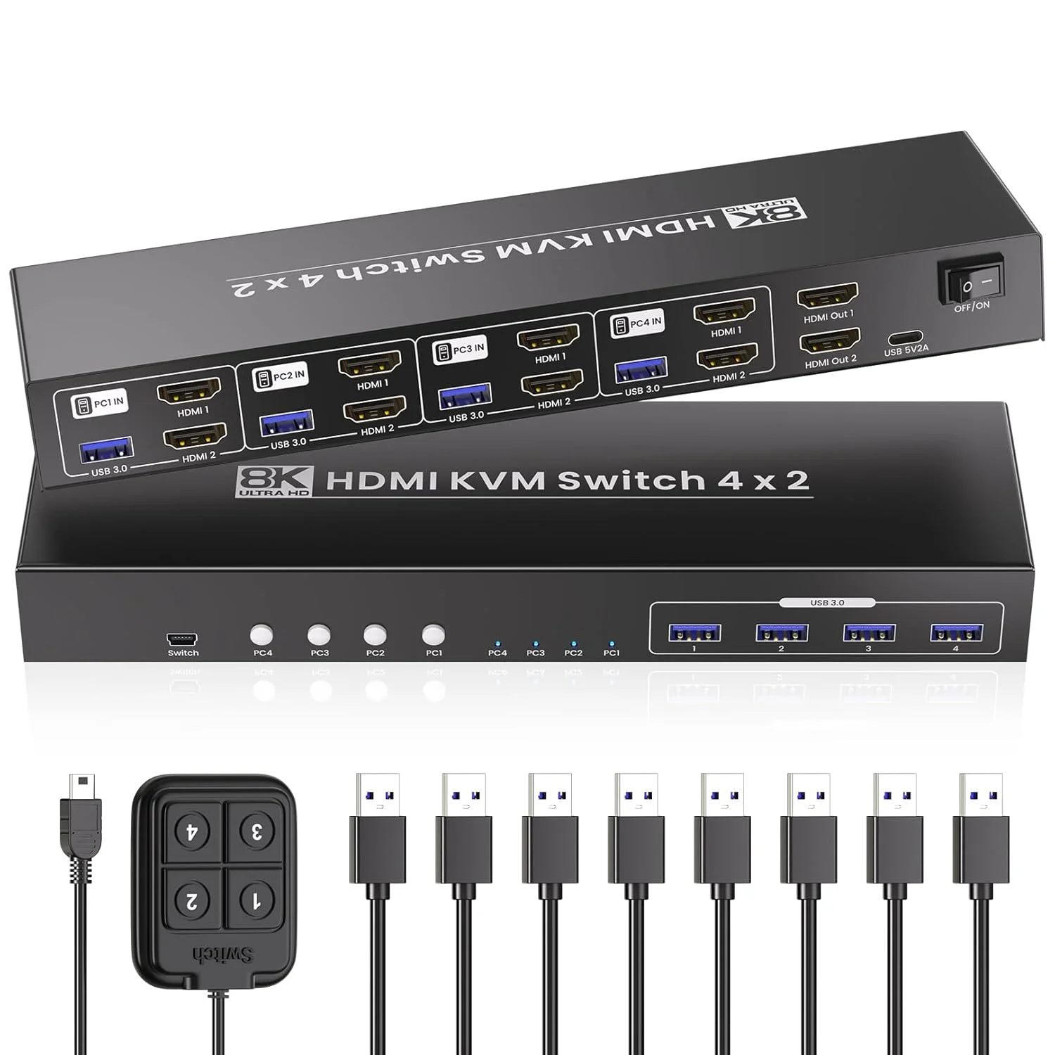 سوئیچ KVM دو مانیتوره HDMI با رزولوشن 8K@60HZ و 4K@120Hz، دارای 4 پورت USB 3.0، سوئیچ KVM چهار پورت HDMI دو مانیتوره برای به اشتراک گذاری 1 ست کیبورد، ماوس و 2 مانیتور بین 4 کامپیوتر