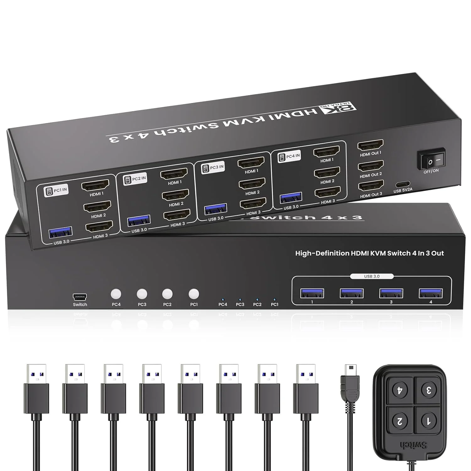 سوئیچ KVM یو اس بی 3.0 HDMI با قابلیت اتصال به 3 مانیتور و 4 کامپیوتر به همراه هاب 4 پورت یو اس بی 3.0، رزولوشن 8K@60HZ و 4K@120Hz، سوئیچ KVM چهار پورت HDMI برای به اشتراک گذاری 1 ست کیبورد، ماوس و 3 مانیتور بین 4 کامپیوتر