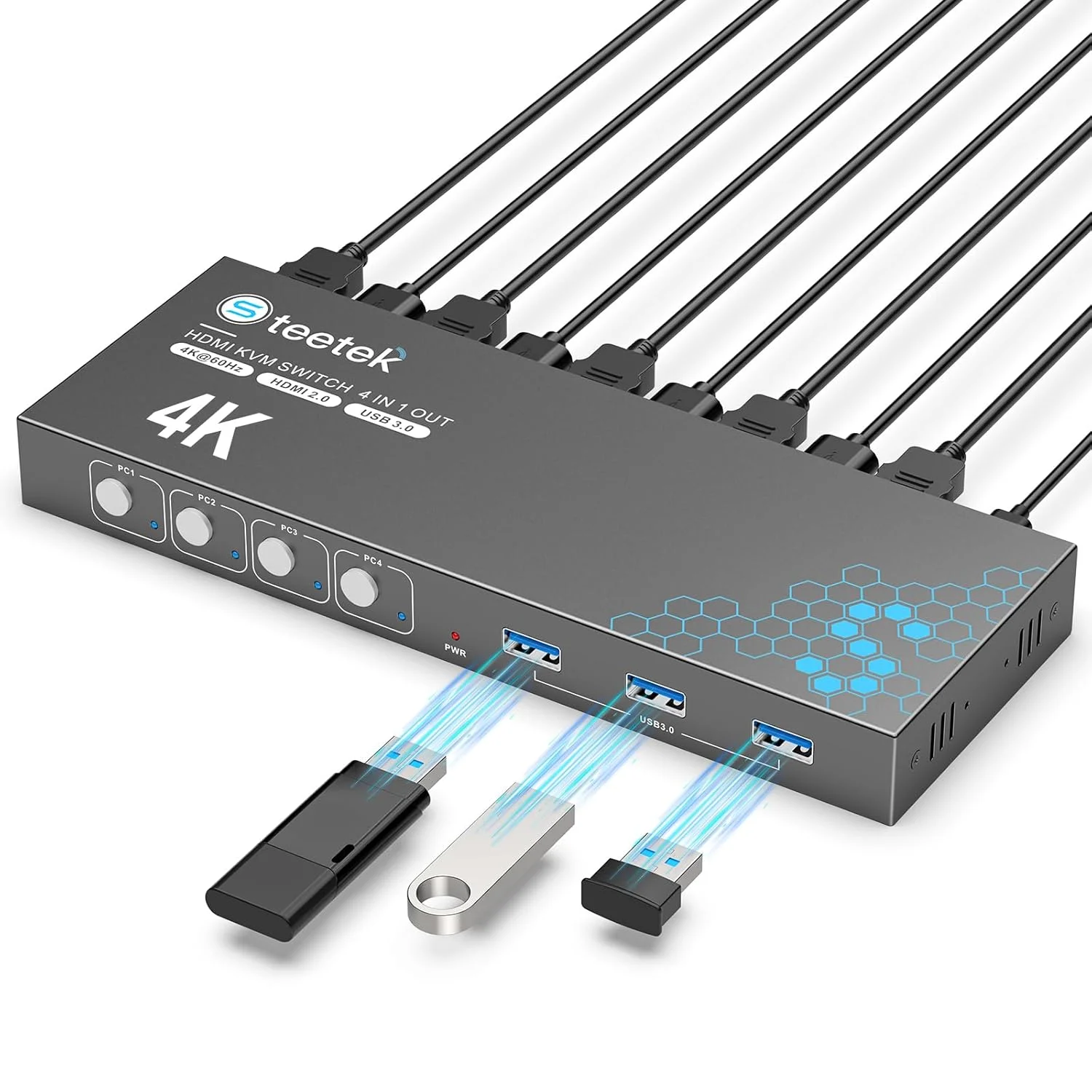 سوئیچ KVM یو اس بی 3.0 HDMI با 1 مانیتور و 4 کامپیوتر، سوئیچ KVM 4K@60Hz برای اشتراک مانیتور، کیبورد، ماوس، هارد درایو و پرینتر بین 4 کامپیوتر، با EDID تطبیقی، شامل 1 کابل HDMI و 4 کابل USB