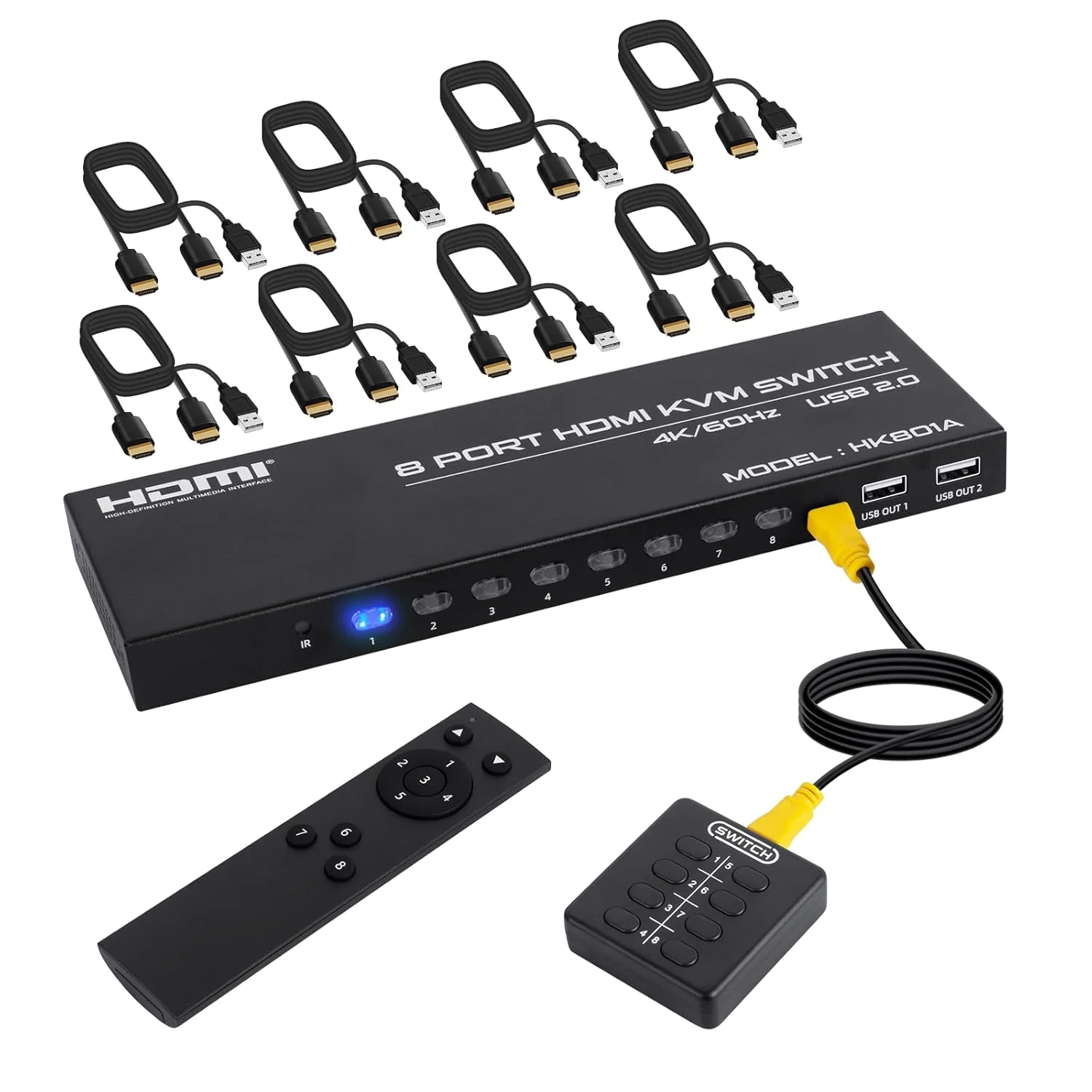سوئیچ KVM هشت پورت HDMI 4K@60Hz، سوئیچ KVM HDMI برای اشتراک 8 کامپیوتر با 1 مانیتور 4K و 4 دستگاه USB، با کنترل از راه دور، کنترلر رومیزی سیمی و 8 کابل KVM