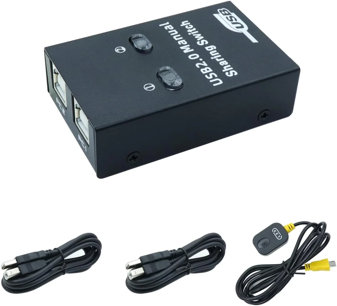 سوییچ اشتراک گذاری USB 2.0 RIIEYOCA، آداپتور تعویض لوازم جانبی USB 2.0، جعبه، 2 دستگاه به اشتراک گذاشته شده 1 هاب دستگاه USB اسکنر پرینتر با 2 کابل پرینتر USB (1.5 متری) 1 کابل کنترلر رومیزی (1.5 متری)