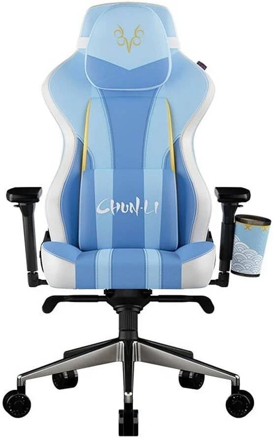صندلی گیمینگ کولر مستر Caliber X2 SF6 Chun-Li Edition با جا لیوانی، PU تنفسی، فوم حافظه دار، پشتیبانی قابل تنظیم کمر، دسته های 4D، فوم قالبی سرد یکپارچه، بالابر گازی کلاس 4، آبی/سفید | CMI-GCX2-CHUNLI
