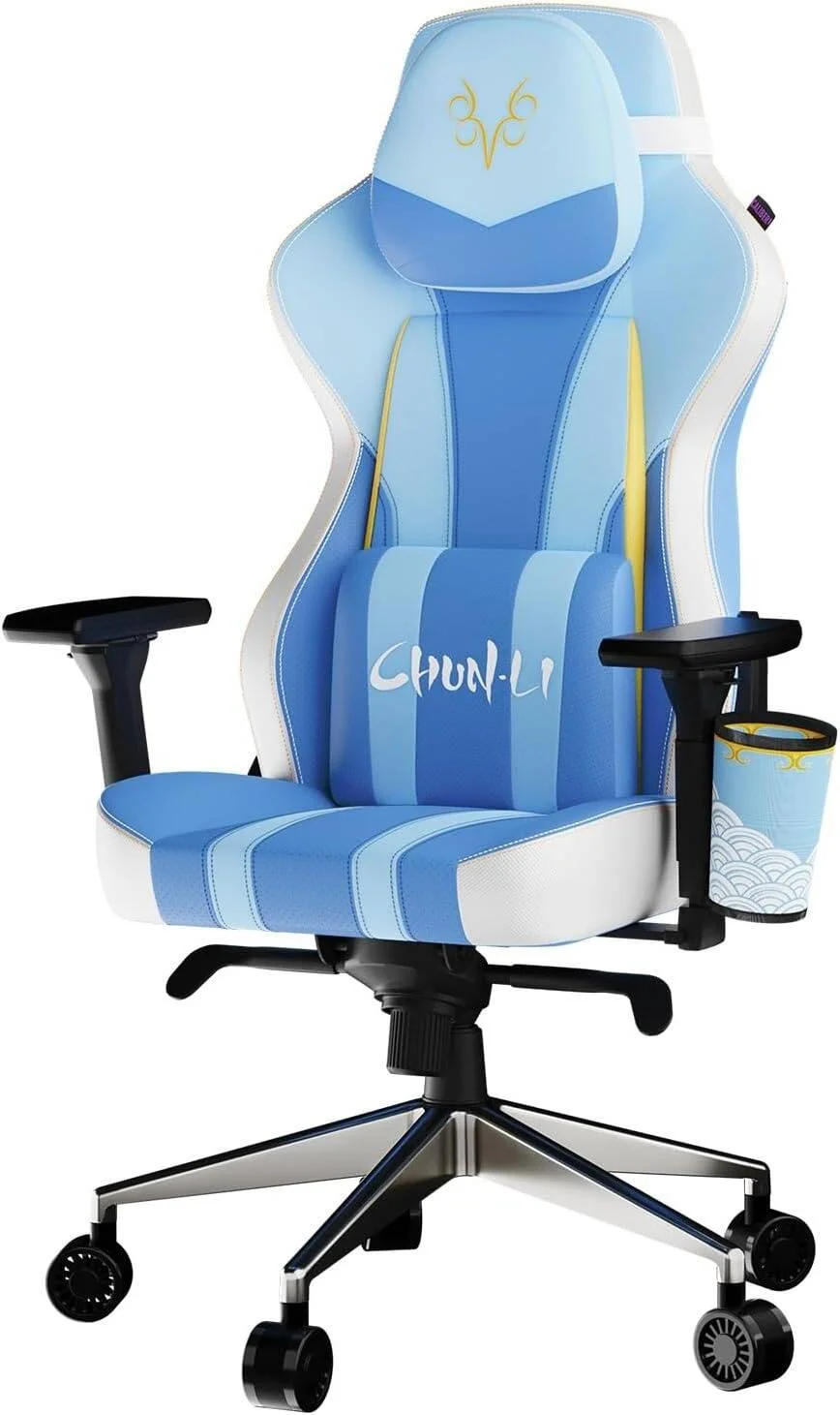 صندلی گیمینگ کولر مستر Caliber X2 SF6 Chun-Li Edition با جا لیوانی، PU تنفسی، فوم حافظه دار، پشتیبانی قابل تنظیم کمر، دسته های 4D، فوم قالبی سرد یکپارچه، بالابر گازی کلاس 4، آبی/سفید | CMI-GCX2-CHUNLI