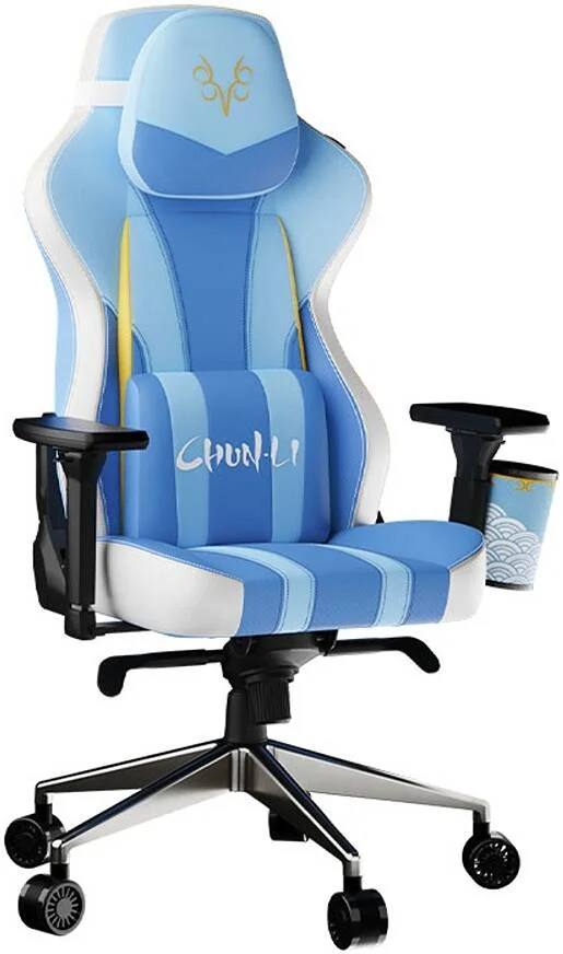صندلی گیمینگ کولر مستر Caliber X2 SF6 Chun-Li Edition با جا لیوانی، PU تنفسی، فوم حافظه دار، پشتیبانی قابل تنظیم کمر، دسته های 4D، فوم قالبی سرد یکپارچه، بالابر گازی کلاس 4، آبی/سفید | CMI-GCX2-CHUNLI