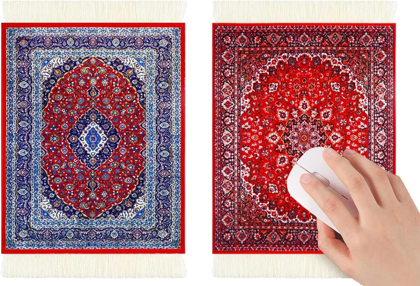 دو عدد پد ماوس طرح فرش مینیاتوری وینتیج و زیرلیوانی های شرقی، پد ماوس طرح فرش گلدار خنده دار، زیرلیوانی و پد رومیزی، هدیه ای برای کریسمس، فرش خانه عروسکی بوهمی با پایه لاستیکی ضد لغزش برای میز