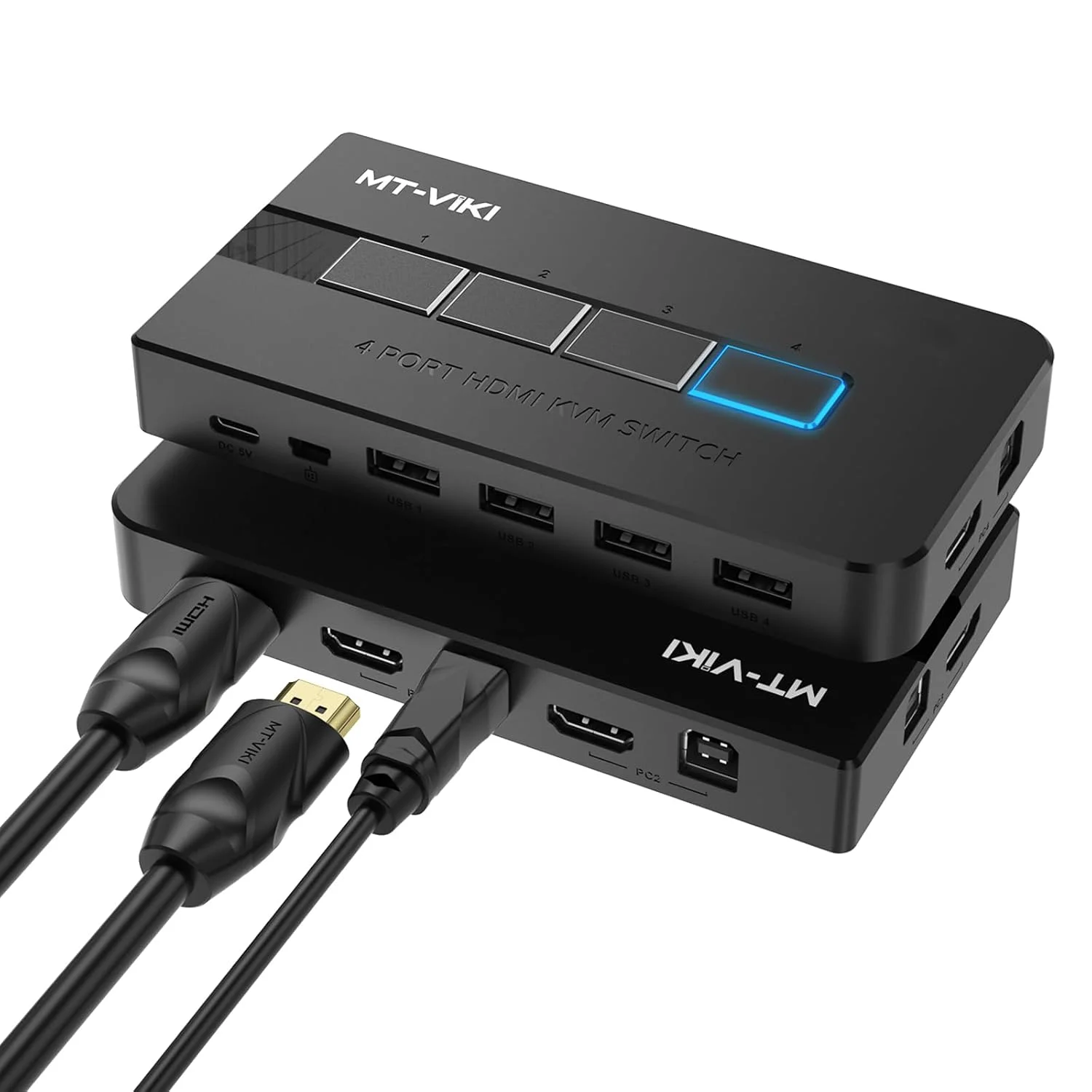 سوئیچ KVM ام تی-ویکی HDMI با 4 پورت، کنسول KVM یو اس بی HDMI با رزولوشن 4K@30Hz برای اشتراک گذاری 1 مانیتور HD و موس و کیبورد بین 4 کامپیوتر، دارای دکمه و انتخابگر رومیزی
