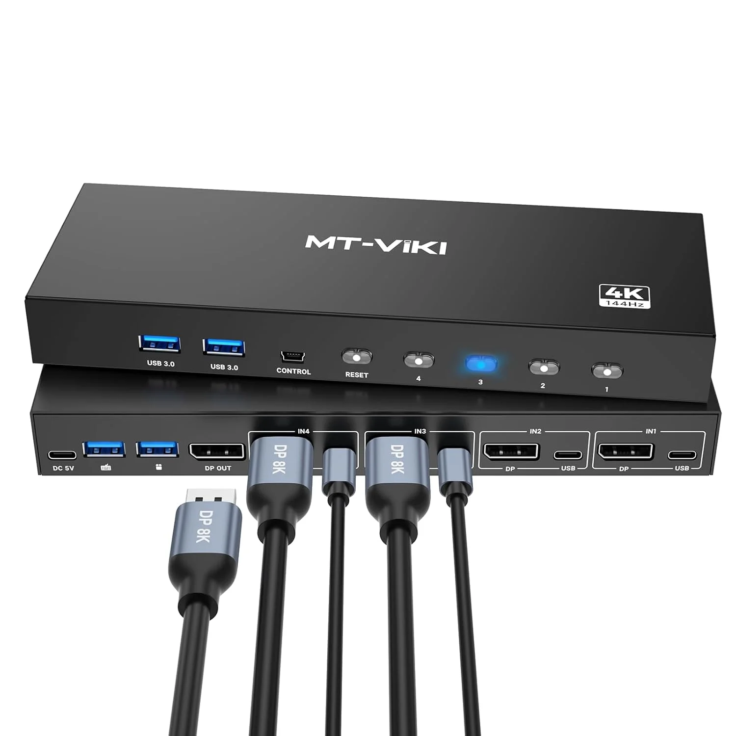 سوئیچ KVM دیسپلی‌پورت MT-VIKI 8K، چهار ورودی یک خروجی DP1.4 با 4 پورت USB 3.0، پشتیبانی از 8K@60Hz و 4K@144Hz، اشتراک‌گذاری 1 مانیتور، کیبورد، ماوس، یو-دیسک، پرینتر، همراه با 4 کابل USB A به C