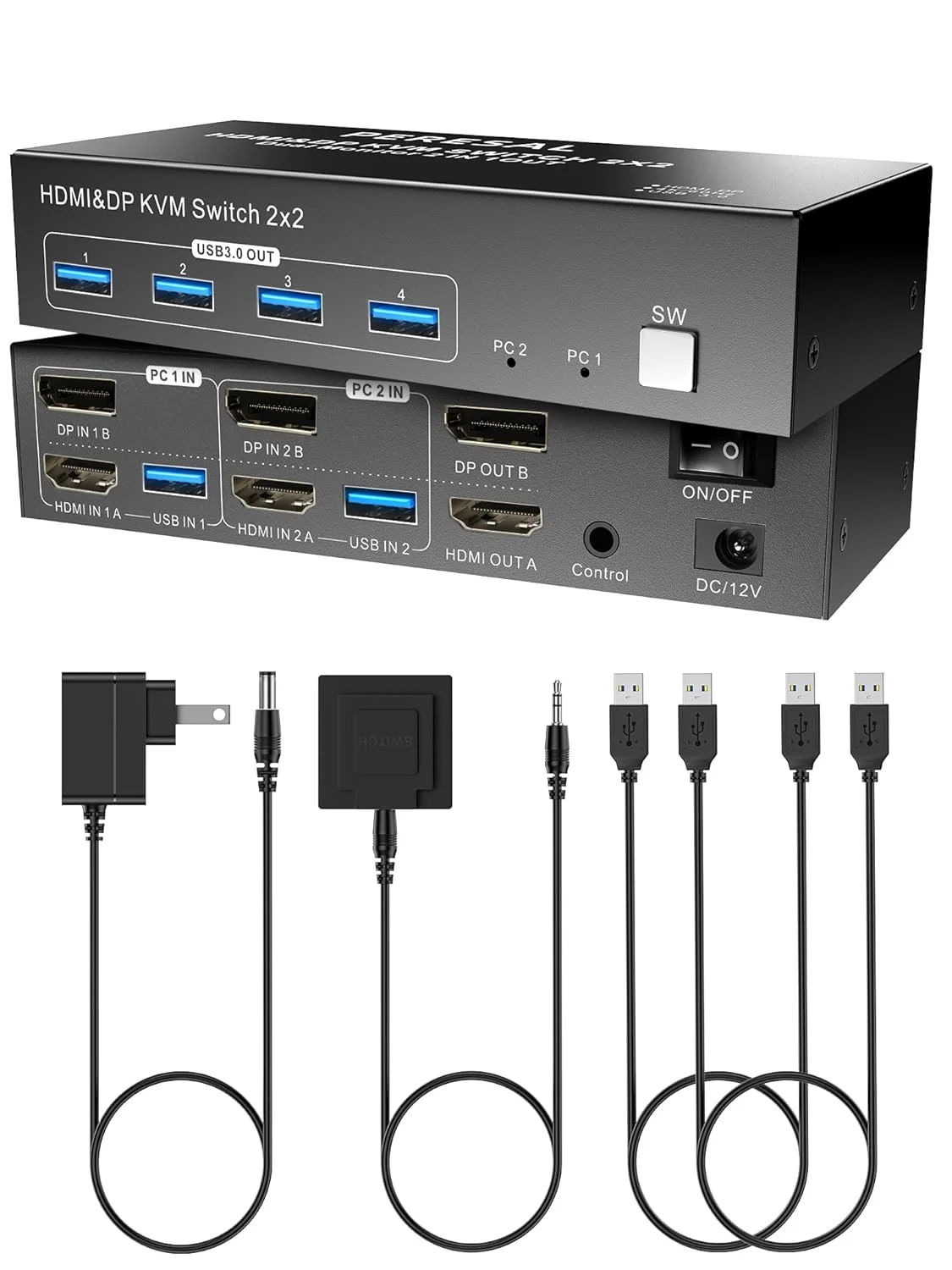 سوئیچ KVM دو مانیتوره HDMI DP، سوئیچ KVM دو مانیتوره 4K60Hz برای دو کامپیوتر یا لپ تاپ، 4 پورت USB 3.0 پشتیبانی از حالت Extended/Copy با آداپتور DC 12V و کنترلر سیمی