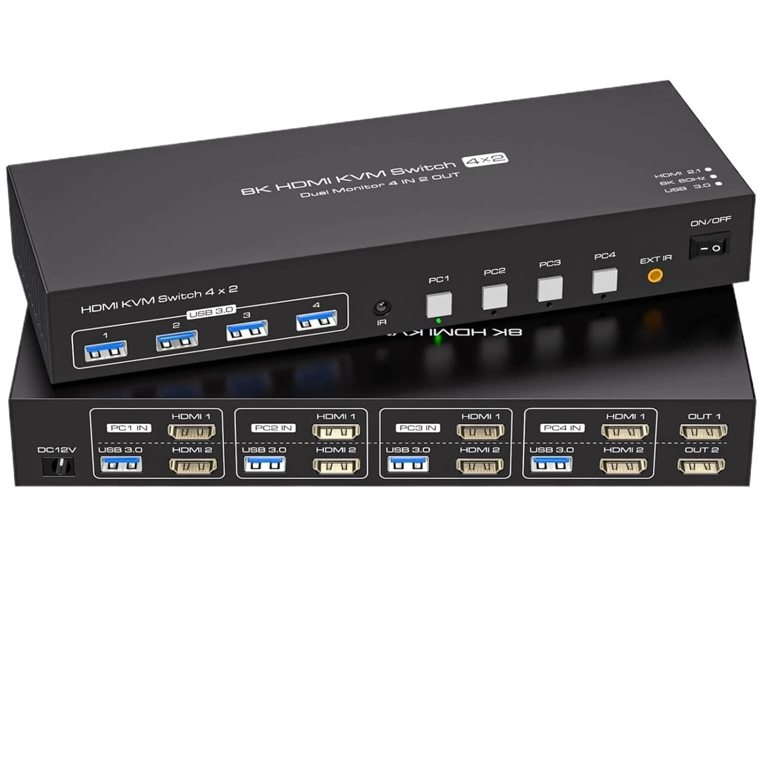 سوئیچ KVM دو مانیتوره HDMI 2.1 با رزولوشن 8K@60Hz، مناسب برای 4 کامپیوتر و 2 مانیتور، سوئیچ KVM چهار پورت با رزولوشن 4K@120Hz برای اشتراک گذاری 4 دستگاه USB 3.0 بین 4 کامپیوتر (دوشاخه برق EU)