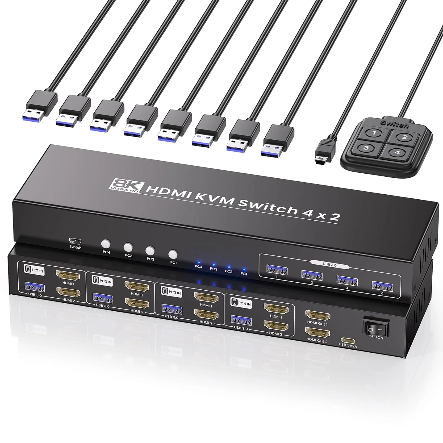سوئیچ KVM دو مانیتوره HDMI، سوئیچ KVM 8K60Hz 4K120Hz با 2 مانیتور و 4 کامپیوتر برای مدیریت 4 رایانه شخصی با 1 مجموعه صفحه کلید و ماوس، اشتراک گذاری USB 3.0 4 پورت