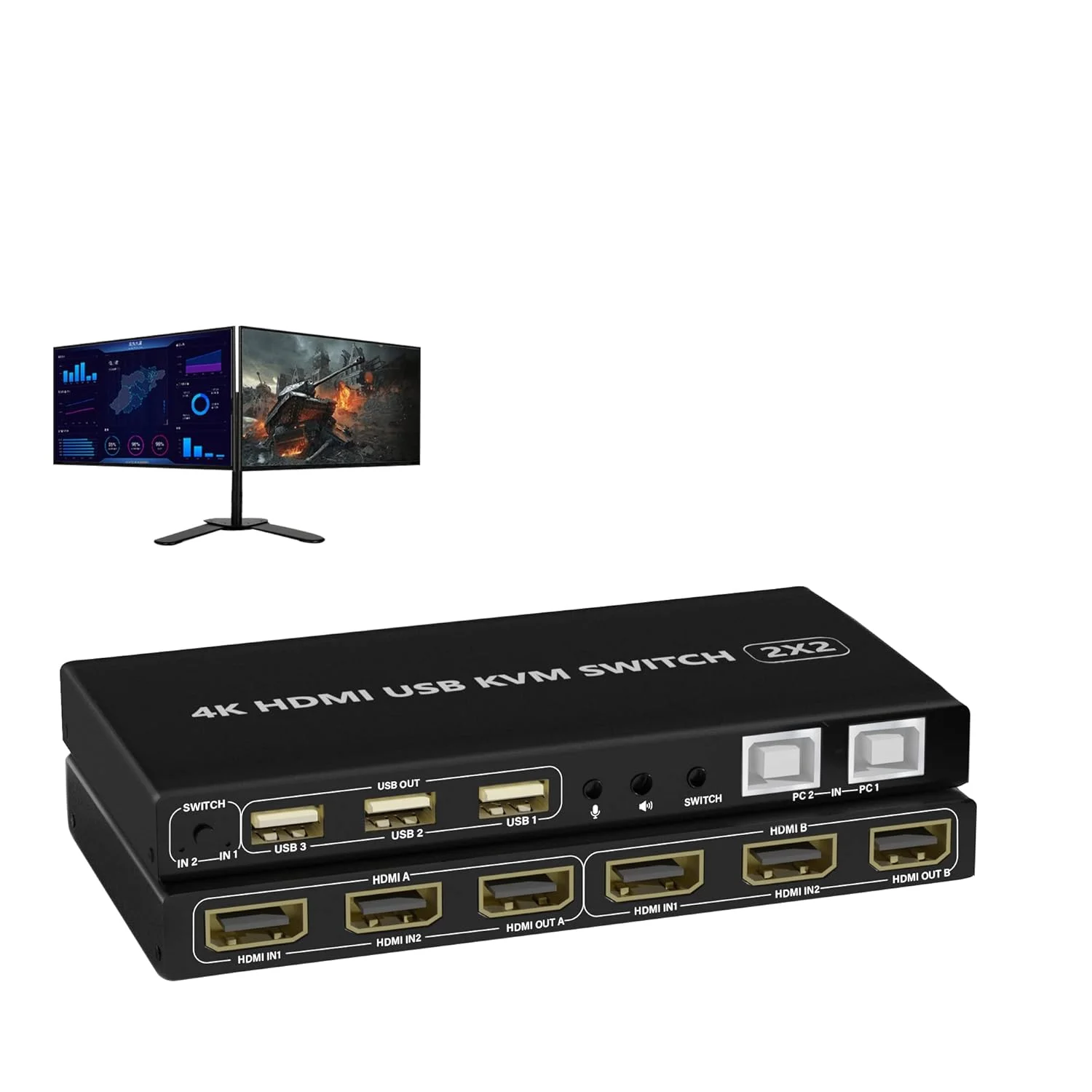 سوئیچ KVM دو مانیتوره 2 پورت 4K@60Hz، 2 ورودی 2 خروجی با صدا، 3 پورت هاب USB 2.0، مشکی، سوئیچ ضامن دار، عملکرد ON-NONE-ON