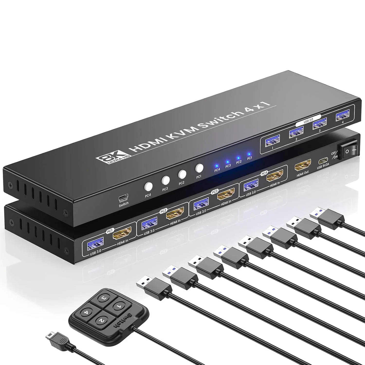 سوئیچ KVM چهار پورت HDMI، ۱ مانیتور ۴ کامپیوتر، USB 3.0، 8K60Hz 4K120Hz، کنترل ۴ کامپیوتر با ۱ مانیتور، کیبورد و ماوس