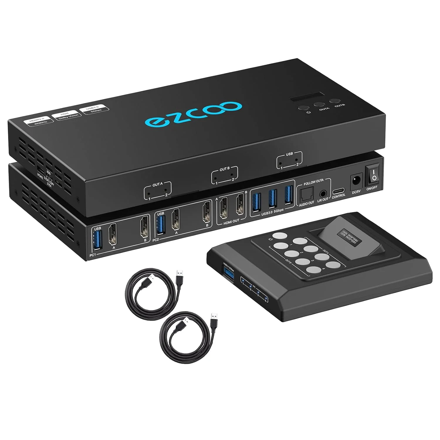سوئیچ KVM دو مانیتوره HDMI 2.0 با رزولوشن 4K@60Hz، 2 درگاه ورودی برای اشتراک‌گذاری 2 نمایشگر و 4 درگاه USB 3.0، خروجی صدا SPDIF L/R، سازگار با ویندوز، یونیکس و مک OS X