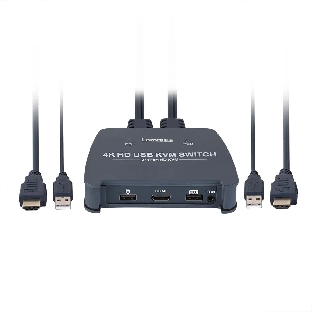سوئیچ KVM HDMI با 1 مانیتور برای 2 کامپیوتر، سوئیچر KVM 4K@60Hz با 2 کابل HDMI و پورت های USB برای اشتراک گذاری کیبورد، ماوس و پرینتر بین 2 کامپیوتر، شامل کنترلر رومیزی