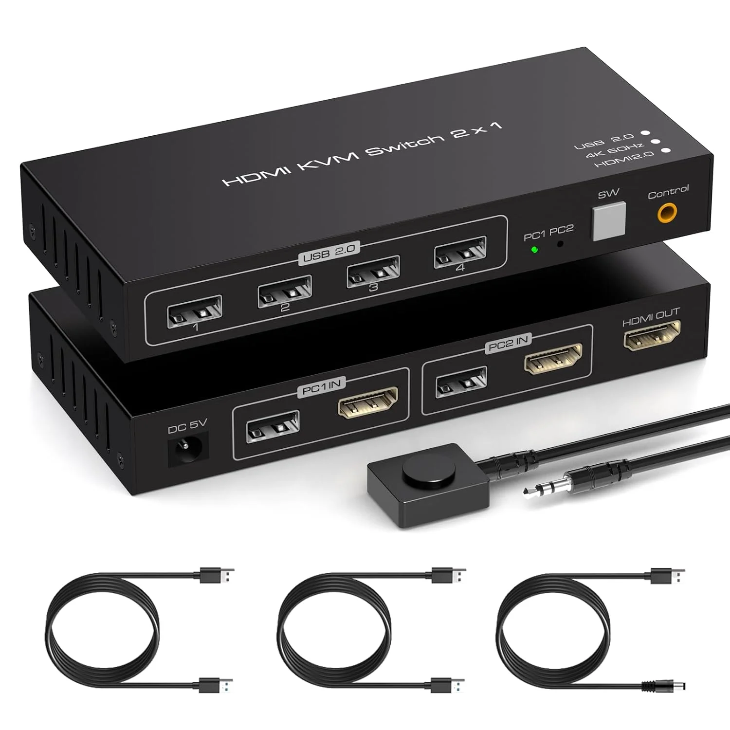 سوئیچ KVM با یک مانیتور برای ۲ کامپیوتر HDMI KVM سوئیچ 4K60HZ برای ۲ کامپیوتر به اشتراک گذاری یک مانیتور، کیبورد، ماوس، هارد درایو و پرینتر با دو کابل USB و کنترلر سیمی SW201ABC