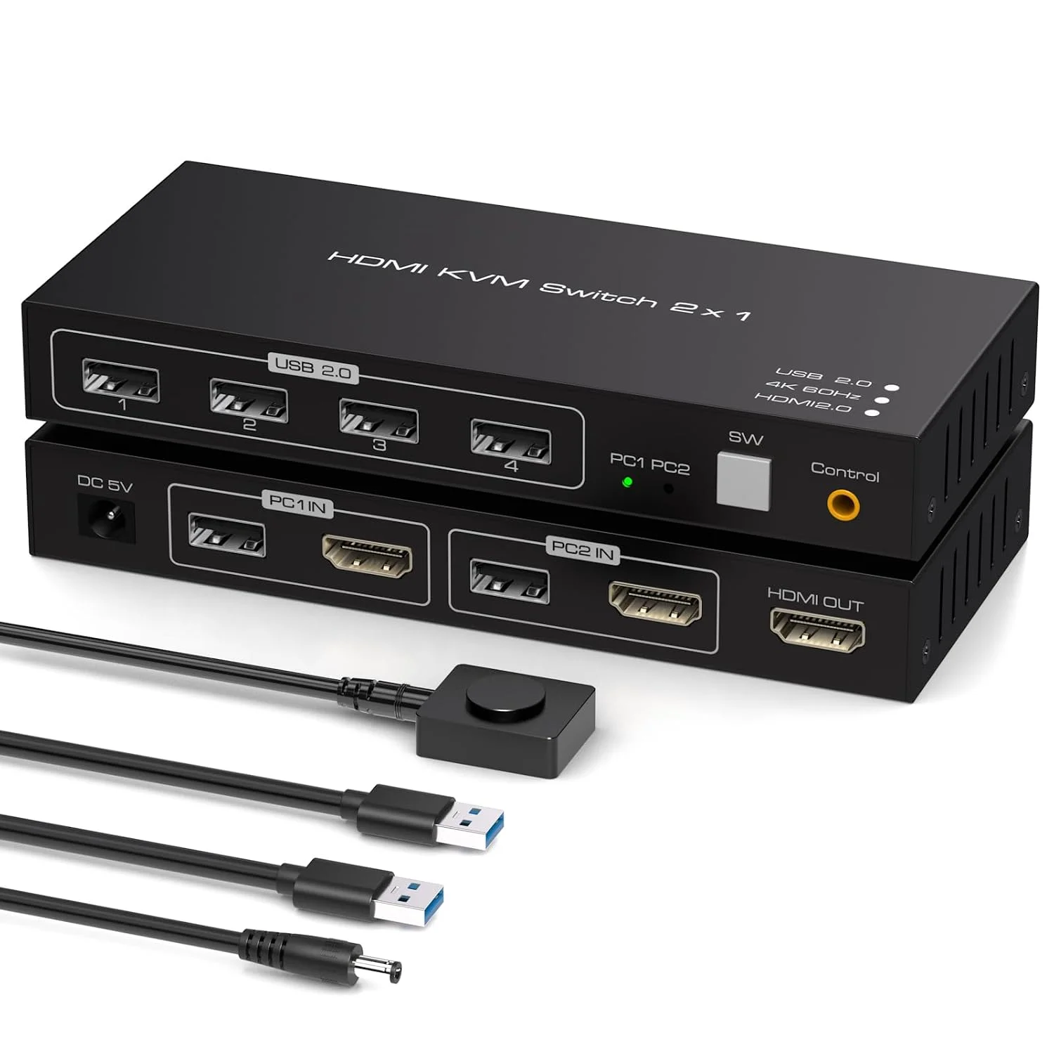 سوئیچ KVM HDMI 4K60HZ، 1 مانیتور، 2 کامپیوتر، سوئیچ KVM برای 2 کامپیوتر، اشتراک گذاری مانیتور، کیبورد، ماوس، هارد دیسک، پرینتر با دو کابل USB و کنترلر سیمی SW201ABO