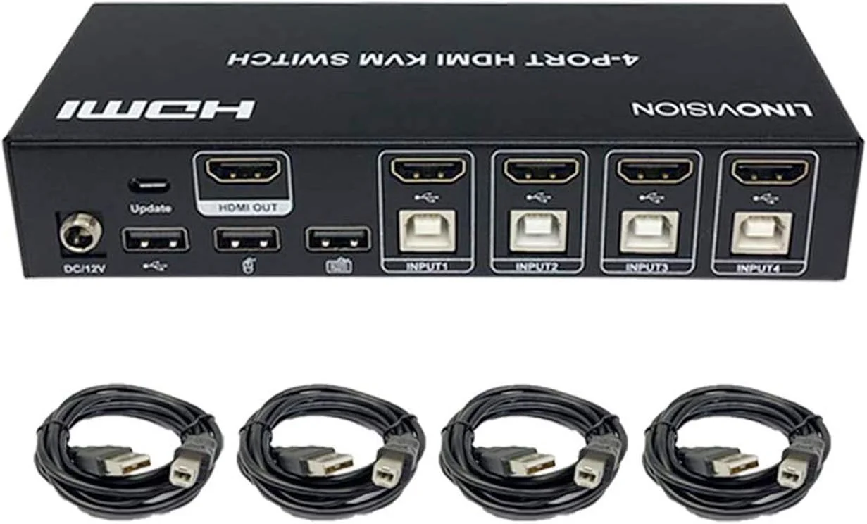 سوئیچ KVM چهار پورت HDMI LINOVISION، ورودی 4K@30Hz با 4 هاب USB 2.0. بدنه تمام فلزی. سوئیچ کلید میانبر. استفاده از یک مجموعه مانیتور HDMI، صفحه کلید و ماوس برای کنترل 4 PC/DVR/NVR/PS3/PS4. 4 در 1 خروجی