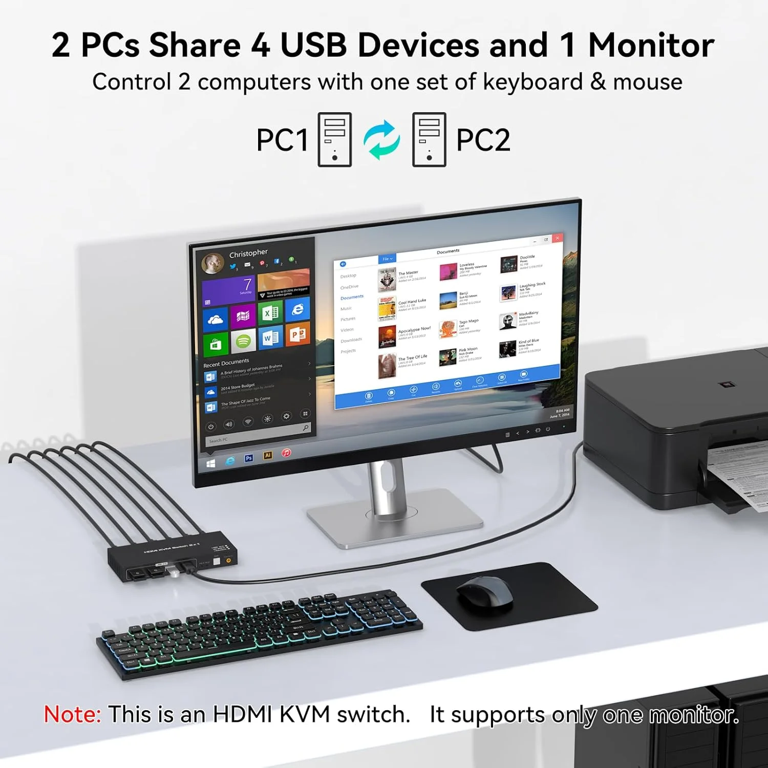 سوئیچ KVM HDMI 4K60HZ، 1 مانیتور، 2 کامپیوتر، سوئیچ KVM برای 2 کامپیوتر، اشتراک گذاری مانیتور، کیبورد، ماوس، هارد دیسک، پرینتر با دو کابل USB و کنترلر سیمی SW201ABO