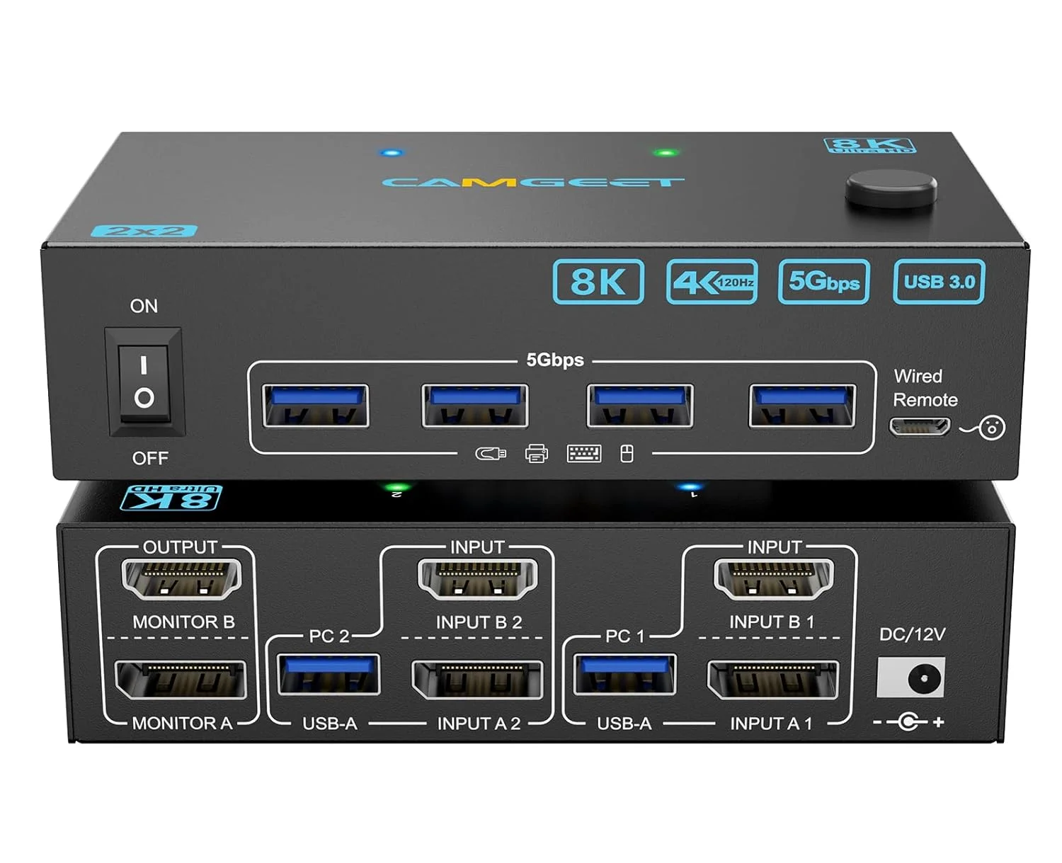 سوئیچ KVM دو مانیتوره 4K@144Hz برای 2 کامپیوتر 8K@60Hz، سوئیچ KVM دو مانیتوره HDMI و Displayport کمجیت با 4 پورت USB 3.0 برای کیبورد، ماوس و پرینتر، ریموت کنترل سیمی، آداپتور برق و کابل USB