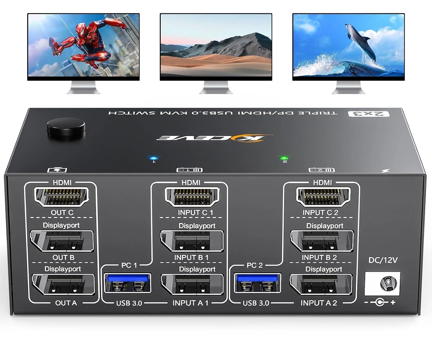 سوییچ KVM سه مانیتوره، 2 کامپیوتر، 8K@60Hz 4K@144Hz، 2 پورت Displayport + HDMI USB3.0، سوییچ KVM مانیتور سه گانه با 4 پورت USB 3.0 برای ماوس کیبورد، ریموت کنترل سیمی، آداپتور برق و 5 کابل