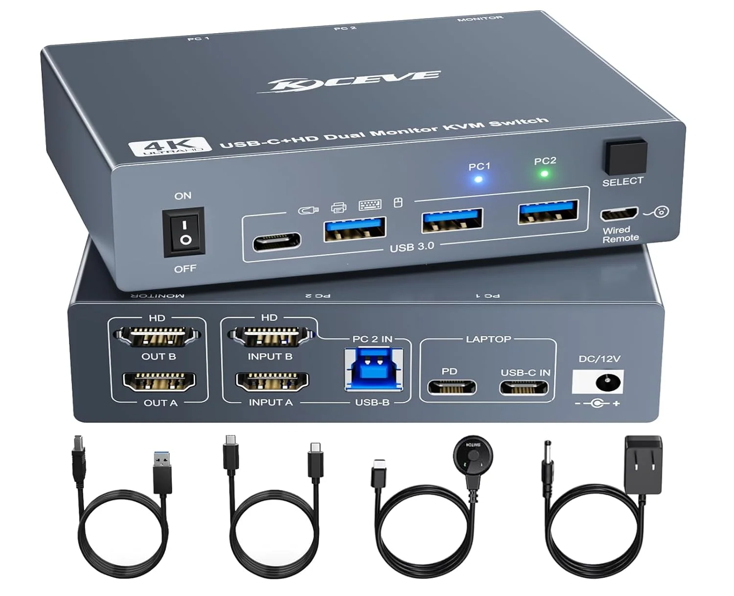 سوئیچ KVM دو مانیتوره برای 1 لپ تاپ و 1 کامپیوتر رومیزی 4K@60Hz، سوئیچ KVM دو مانیتوره USB C HDMI، سوئیچ های KVM ایستگاه داک با 4 پورت USB 3.0، شارژ PD 80W، ریموت سیمی و کابل USB-C