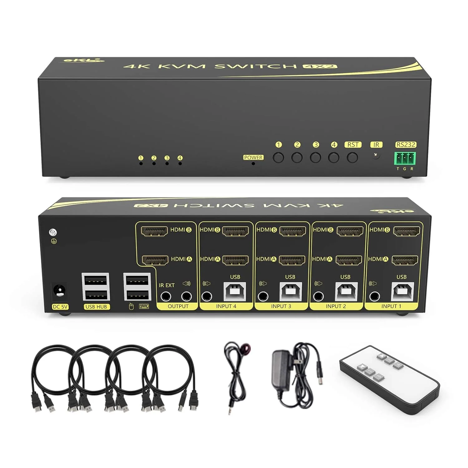 سوئیچ KVM چهار پورت HDMI با خروجی دوگانه مانیتور توسعه یافته 4K@60Hz 4:4:4 با هاب صوتی و USB 2.0 برای اشتراک مانیتور کامپیوتر، کیبورد و ماوس