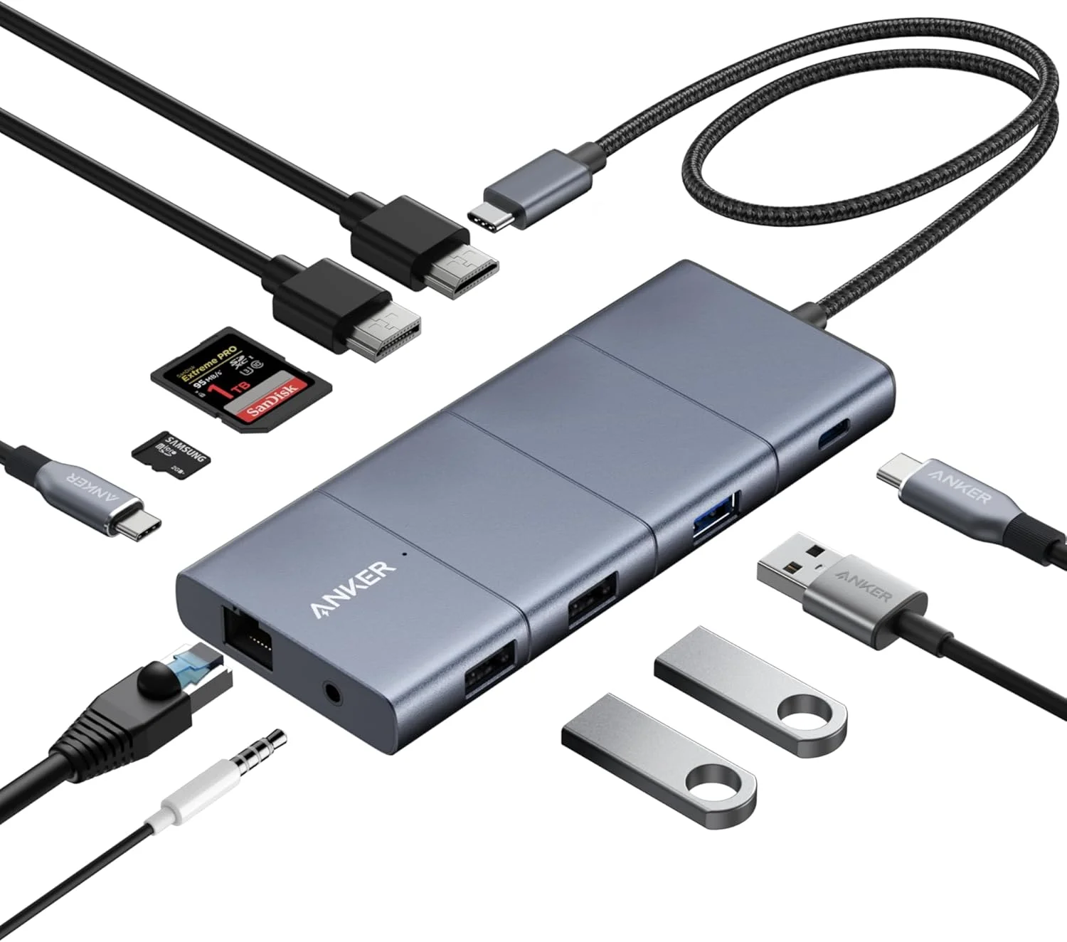 هاب USB-C انکر 565، 11 در 1، داک استیشن با پورت های انتقال داده USB-C و USB-A با سرعت 10 گیگابیت بر ثانیه، HDMI 4K، DisplayPort، شارژ سریع 85 واتی، 2 پورت داده USB 2.0، اترنت، AUX، microSD و SD، برای مک بوک پرو و غیره هاب USB-C انکر 565، 11 در 1، داک استیشن با پورت های انتقال داده USB-C و USB-A با سرعت 10 گیگابیت بر ثانیه، HDMI 4K، DisplayPort، شارژ سریع 85 واتی، 2 پورت داده USB 2.0، اترنت، AUX، microSD و SD، برای مک بوک پرو و غیره