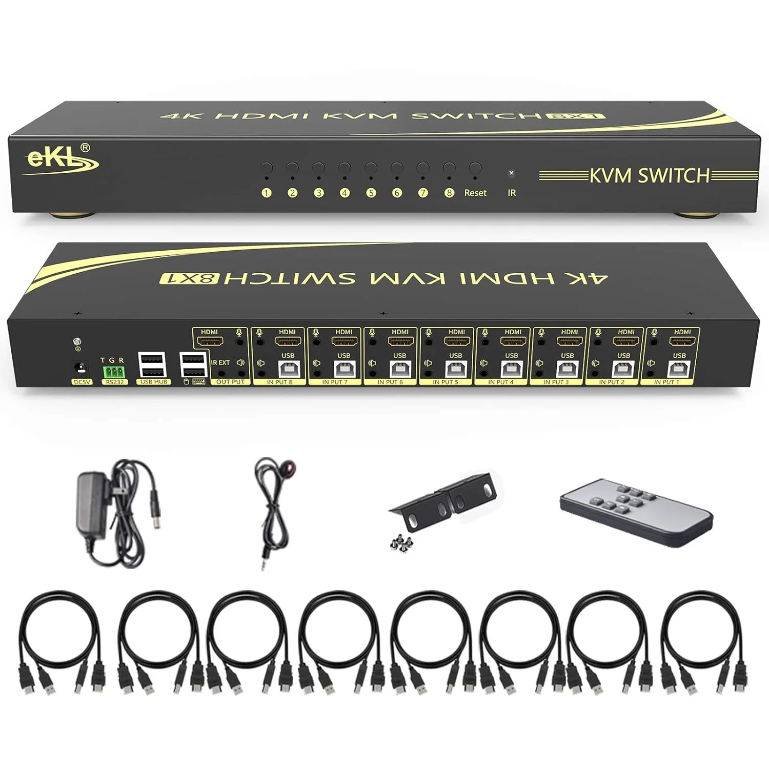 سوئیچ KVM ای‌کی‌ال، سوئیچ KVM هشت پورت v2.0 HDMI با پشتیبانی از کلیدهای میانبر برای تعویض، رزولوشن 4K@60Hz 4:4:4 و 1080p 3D، هشت ورودی به یک خروجی، اشتراک‌گذاری هشت کامپیوتر با یک مجموعه کیبورد و ماوس
