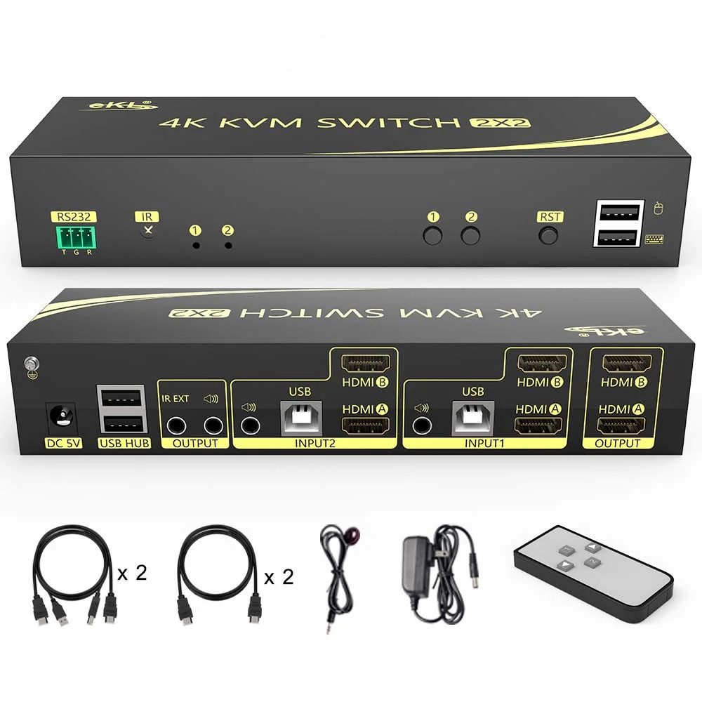 سوئیچ KVM دو مانیتوره HDMI با قابلیت نمایش گسترده 4K@60Hz 4:4:4 با هاب صوتی و USB 2.0 برای اشتراک مانیتور، کیبورد و موس کامپیوتر
