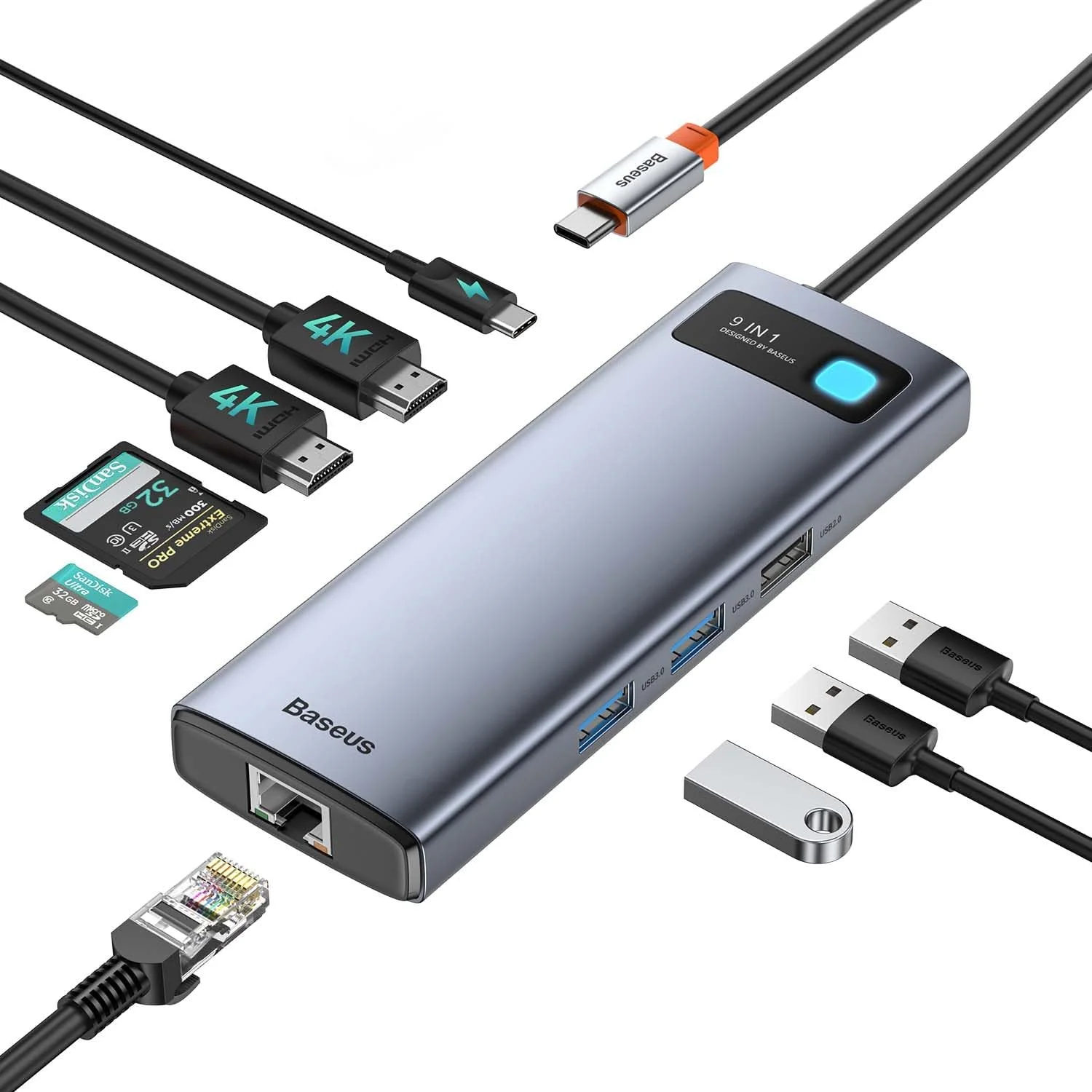 هاب USB C بیسوس با نمایشگر دوگانه 4K HDMI، ایستگاه داکینگ 9 در 1 با 2 خروجی HDMI مانیتور دوگانه، گیگابیت اترنت، 100W PD، کارت خوان SD/TF، 3 پورت USB، آداپتور چند پورت USB C برای MacBook/Dell/HP/Surface/Lenovo