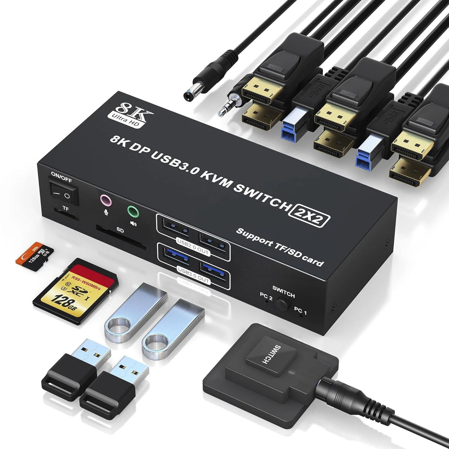 سوئیچ KVM دیسپلی پورت 8K@60Hz برای 2 مانیتور و 2 کامپیوتر، سوئیچ KVM دیسپلی پورت USB 3.0 با رزولوشن 4K@120Hz به همراه خروجی میکروفون صدا و 4 پورت USB، اسلات های SD/TF، پشتیبانی از حالت های توسعه یافته و کپی دیسپلی پورت KVM