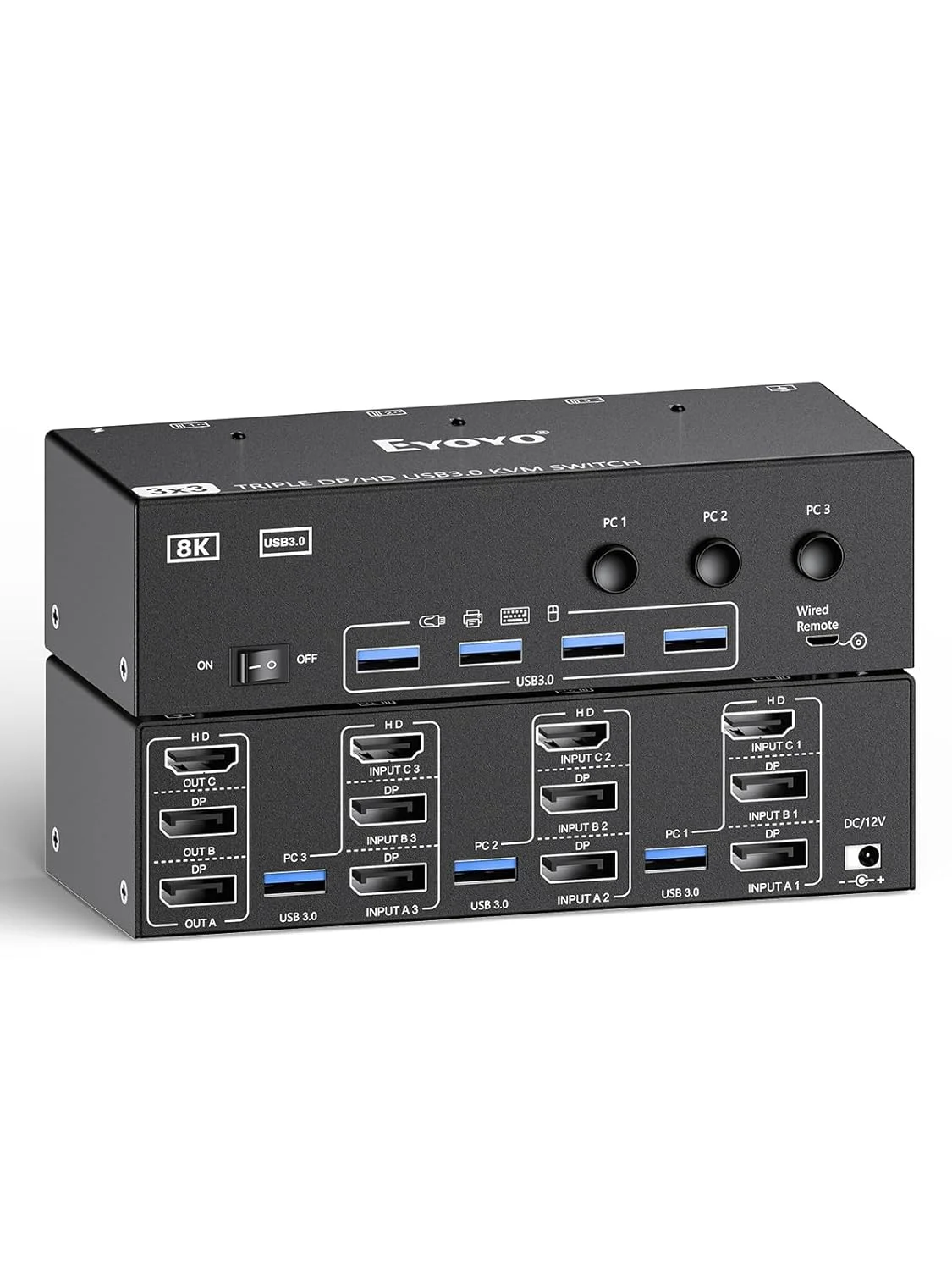 سوئیچ KVM دو پورت DisplayPort HDMI برای 3 مانیتور و 3 کامپیوتر، 8K@60Hz 4K@144Hz سوئیچ KVM سه مانیتوره برای اشتراک گذاری 3 صفحه نمایش بین 3 کامپیوتر، دارای 4 پورت USB 3.0، کنترل از راه دور سیمی و آداپتور برق