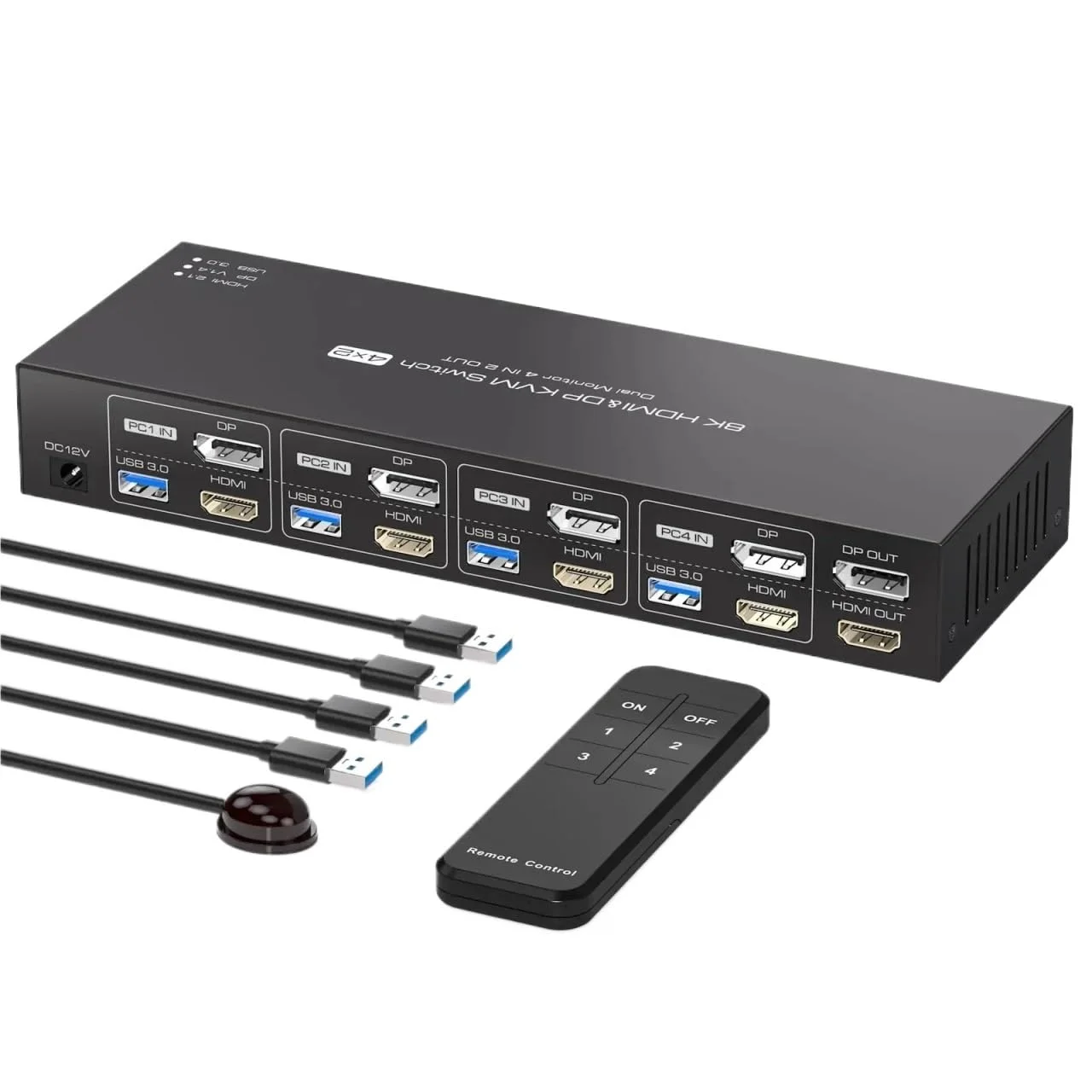 سوئیچ KVM دیسپلی‌پورت HDMI 8K برای 4 کامپیوتر و 2 مانیتور، سوئیچ KVM مانیتور دوگانه برای اشتراک‌گذاری 2 مانیتور و 4 دستگاه USB 3.0 بین 4 کامپیوتر (پلاگین برق AU)